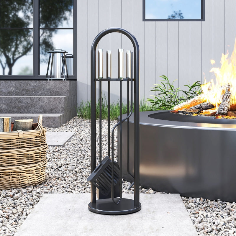 5 Pieces Fireplace Tool Set with Broom, Shovel, Poker, Tongs, and Stand - Silver Metal