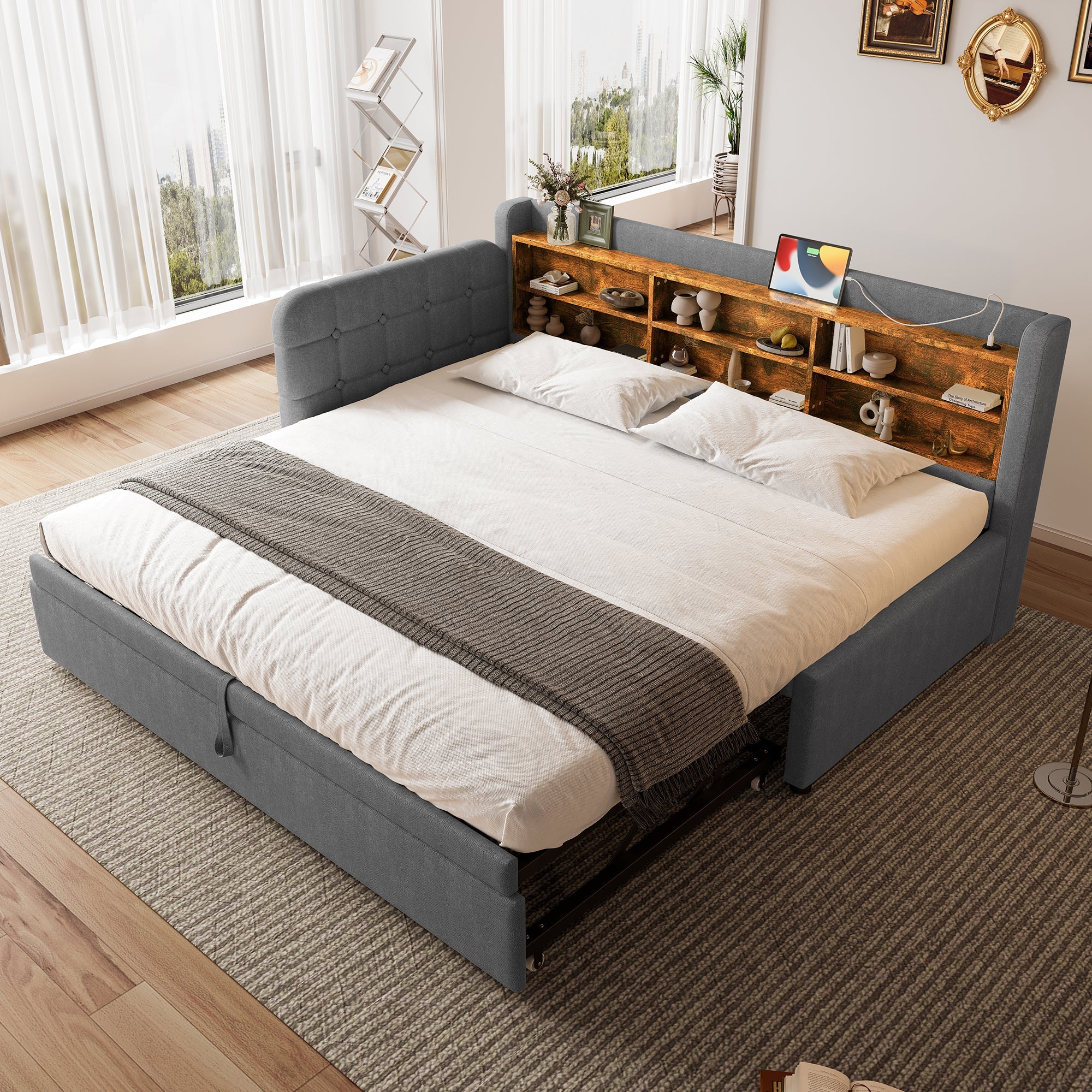 Daybed, multifunctional pull-out bed design, USB + Type C, multiple storage areas, linen, gray