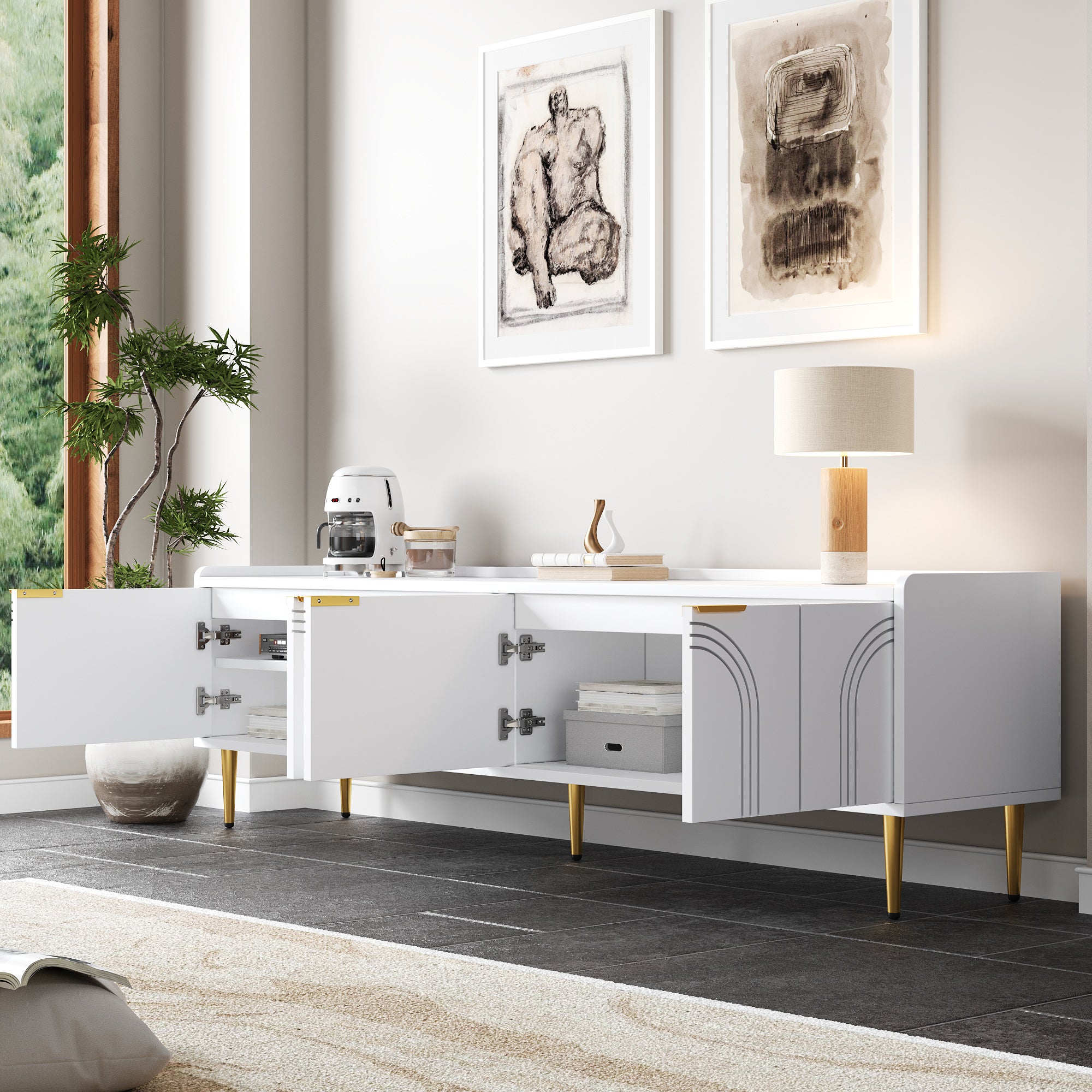 TV Cabinet Lowboard, Textured Door, Gold Handles & Feet, 170cm, White/MDF