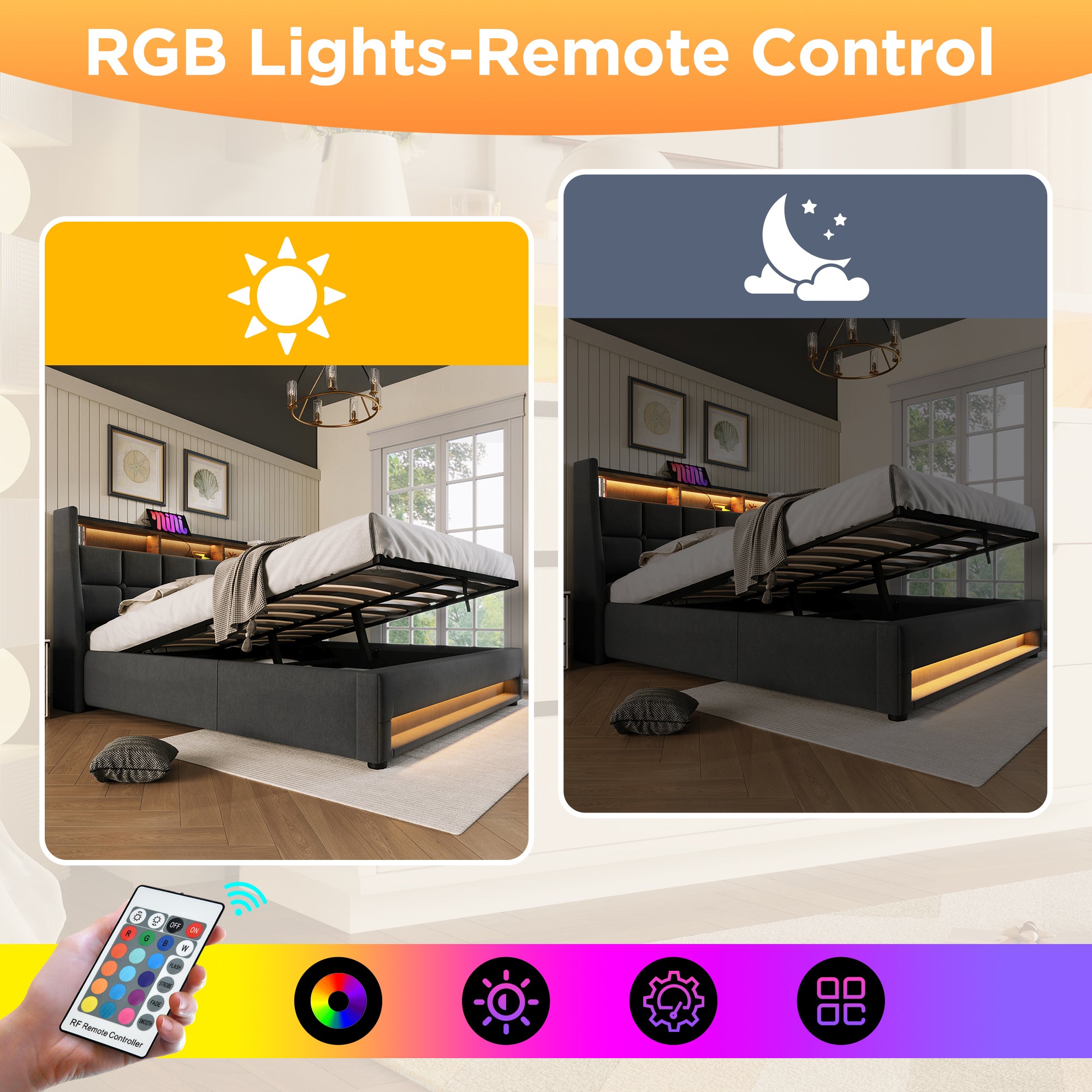 Upholstered Double Bed with LED Lighting, USB-C Charging, Storage Headboard, 6FT Super King Size, Linen, Grey