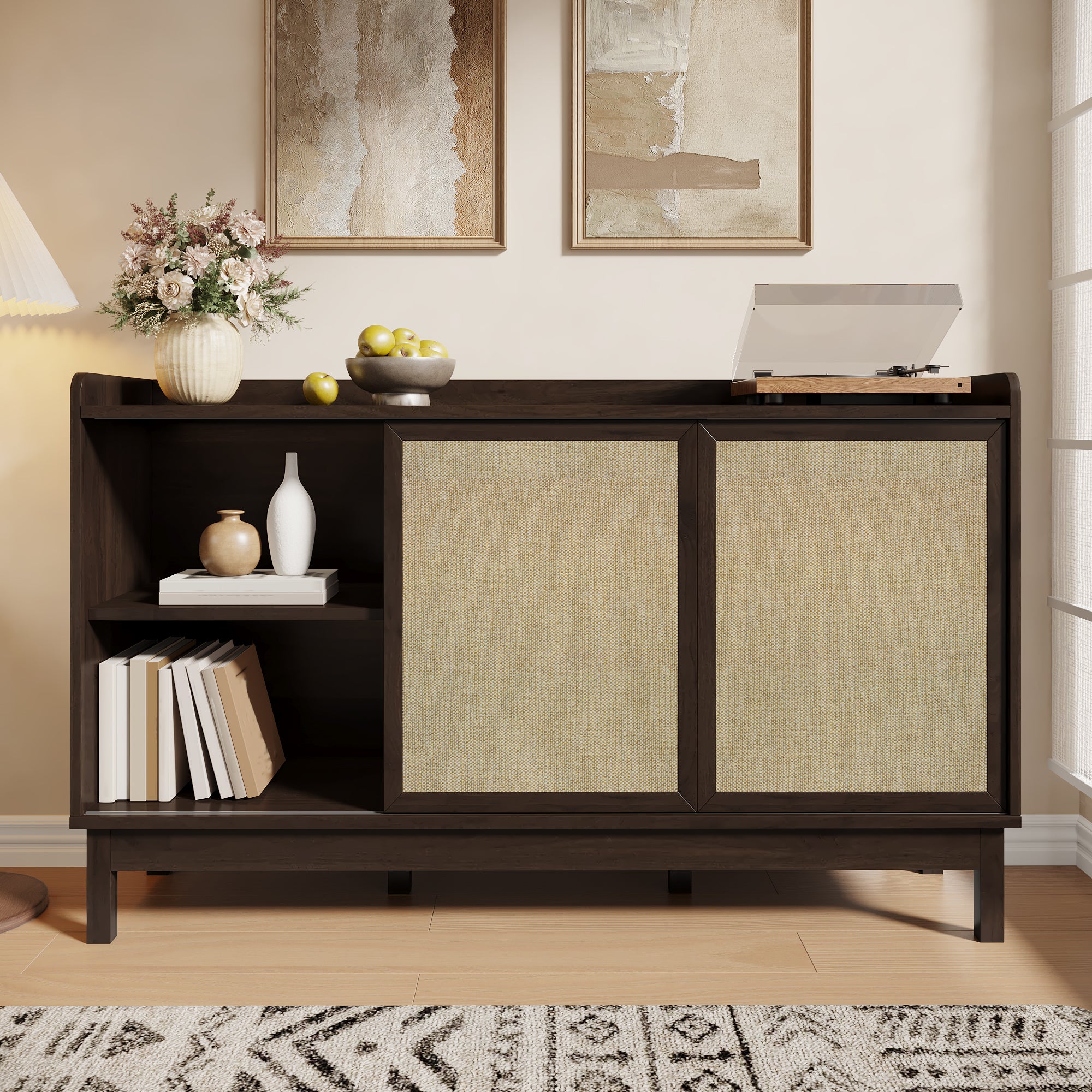 Sideboard Sliding Doors Double Drawers Multifunctional Storage