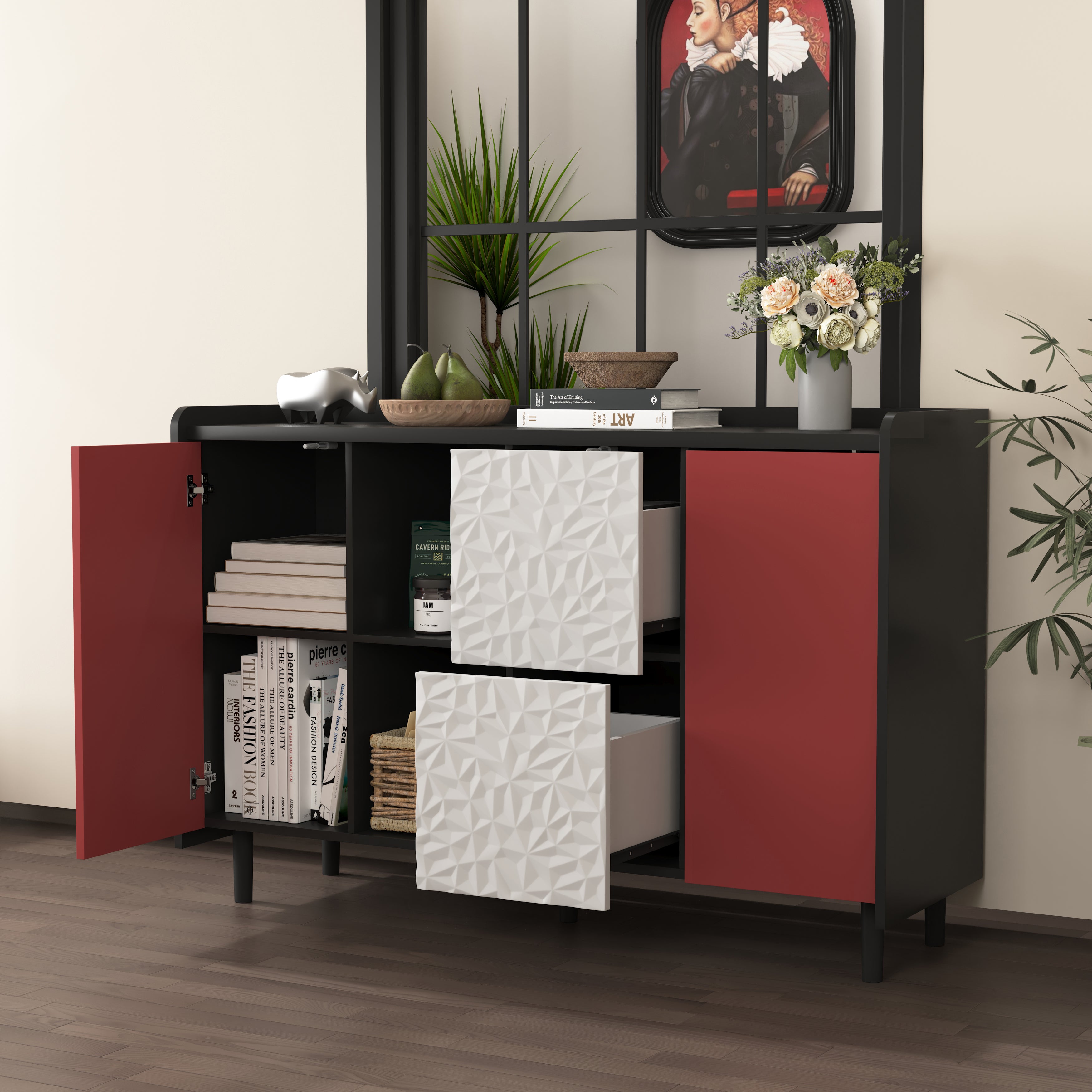 Sideboard Buffet Cabinet with 2 Drawers & Open Storage, Panel Styling - Black/Red