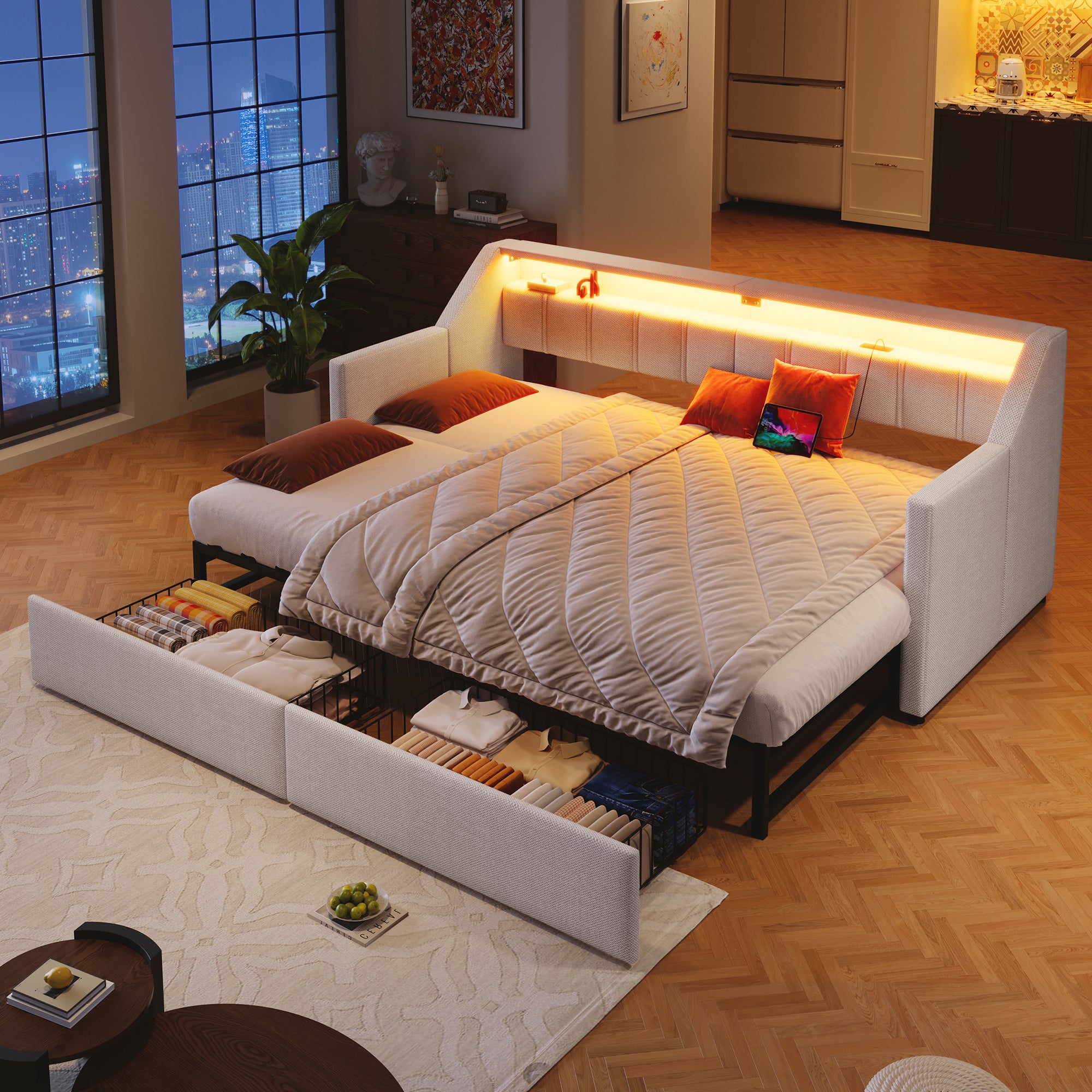 Daybed Sofa Bed 90x200cm Pull-out Bed LED USB/Type-C 2 Drawers Storage - Beige