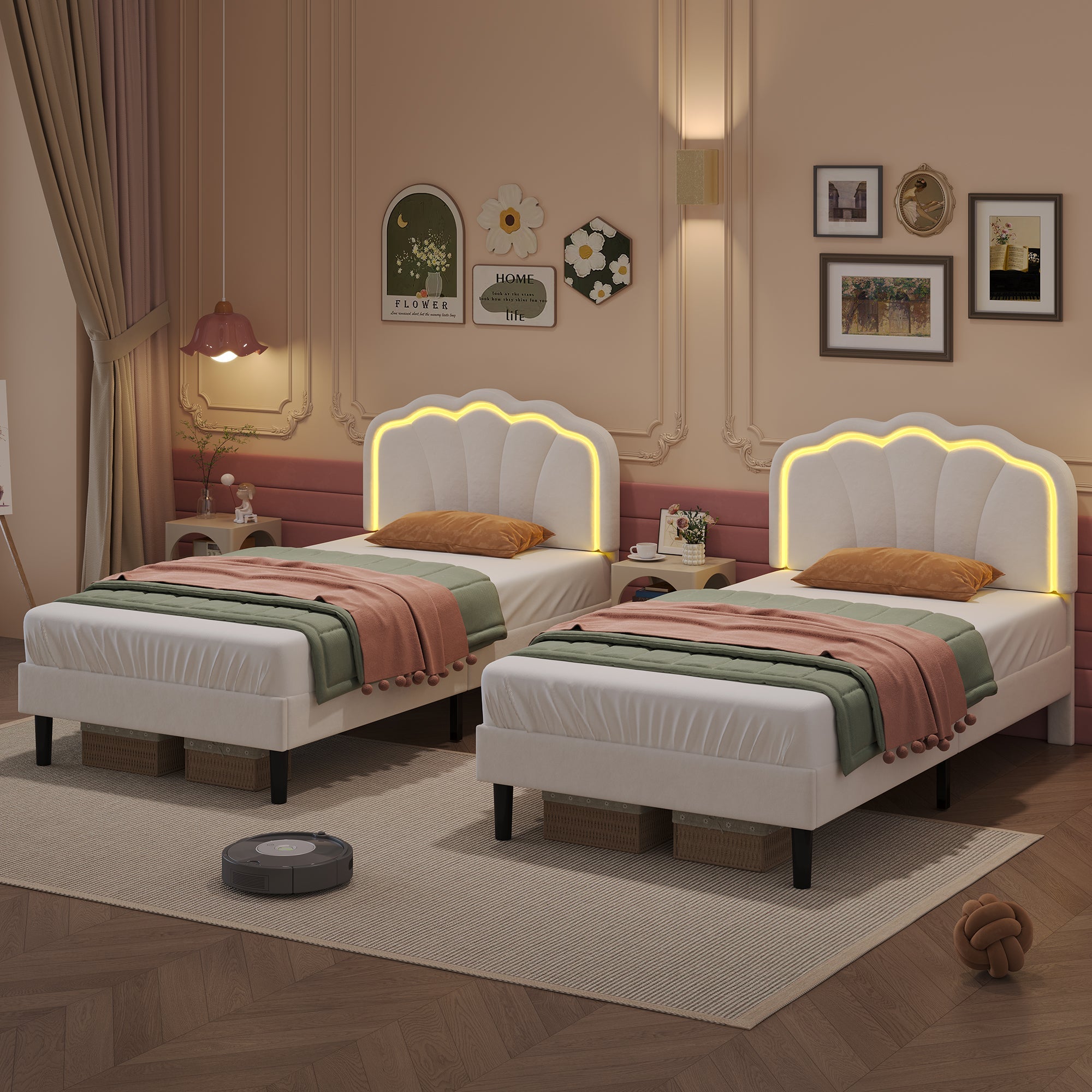 3ft Single Upholstered Bed with LED Adjustable Shell Shape Headboard, Cream White Velvet