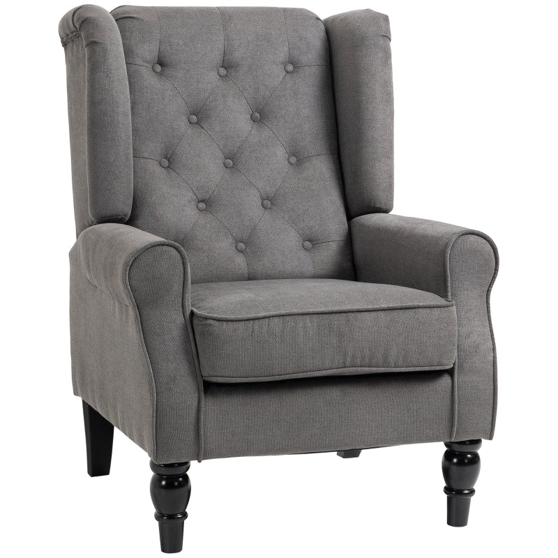 Retro Accent Chair, Wingback Armchair with Wood Frame, Dark Grey Linen