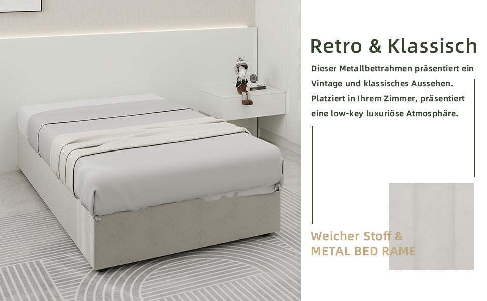 Modern Minimalist Bed Frame, 90x200 cm Gas Lift Storage, Beige Dutch Velvet