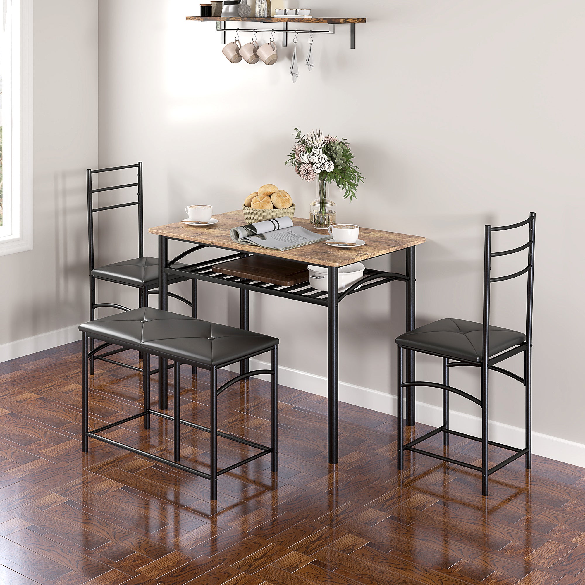 Dining Set 4-Piece Space-Saving Table 2 Chairs Bench, Brown