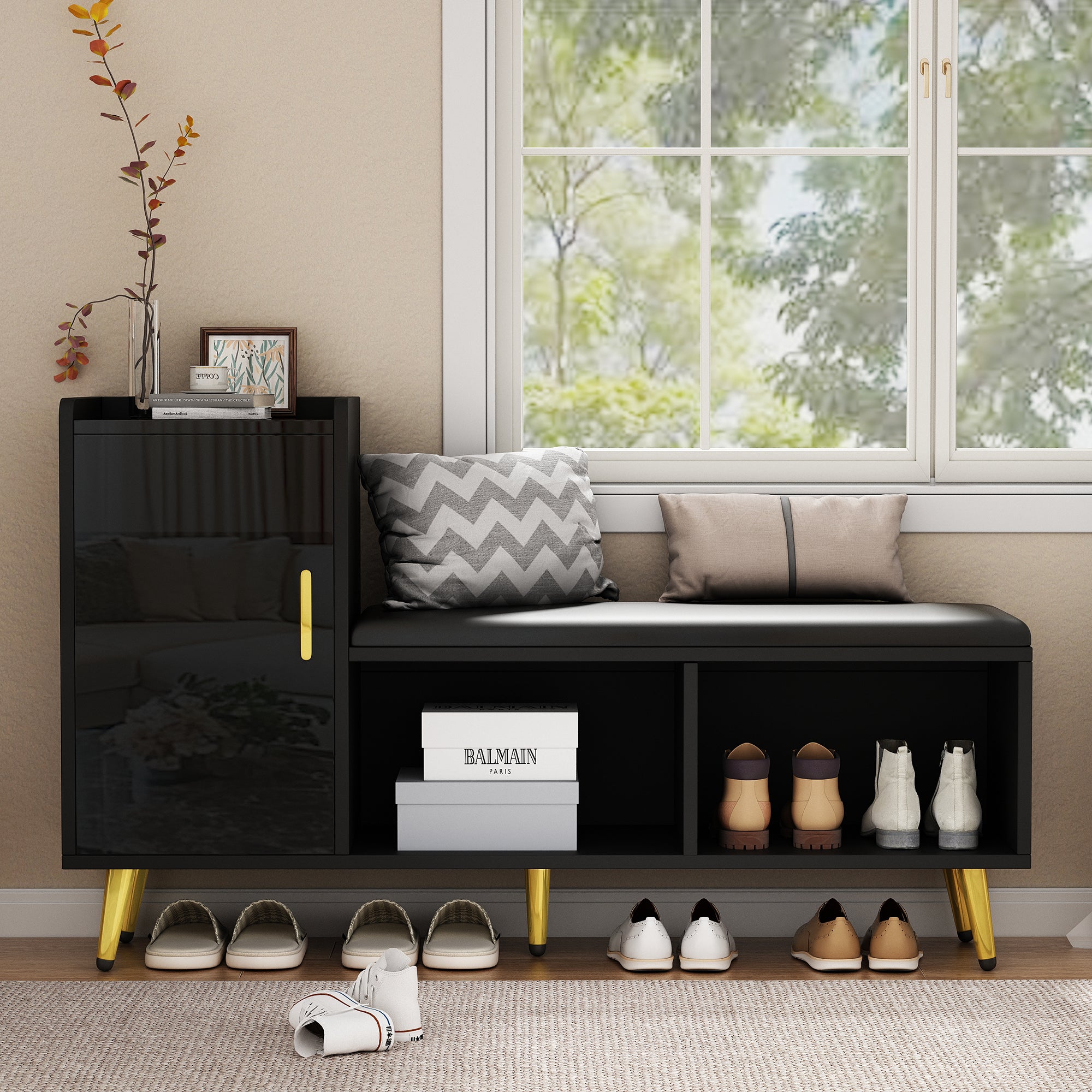 Shoe Cabinet, Multi-tiered Storage with Padded Seat & Gold Accessories, Black High Gloss