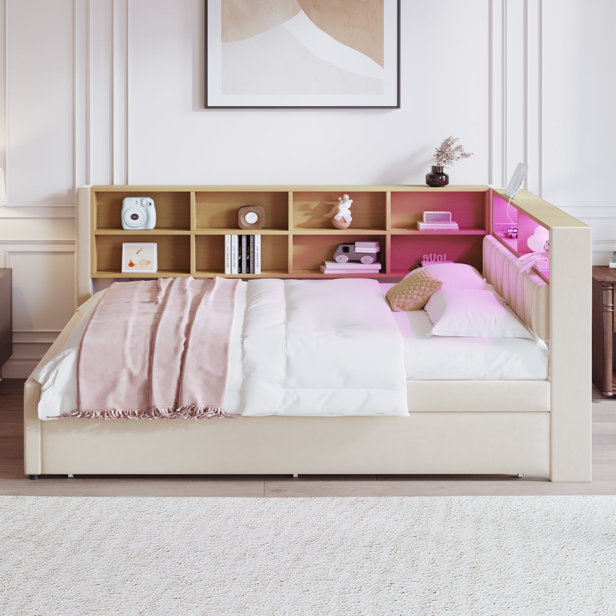 Sofa Bed 140x200, Pull-out 90x190, LED Lights & Storage, Flannel Beige