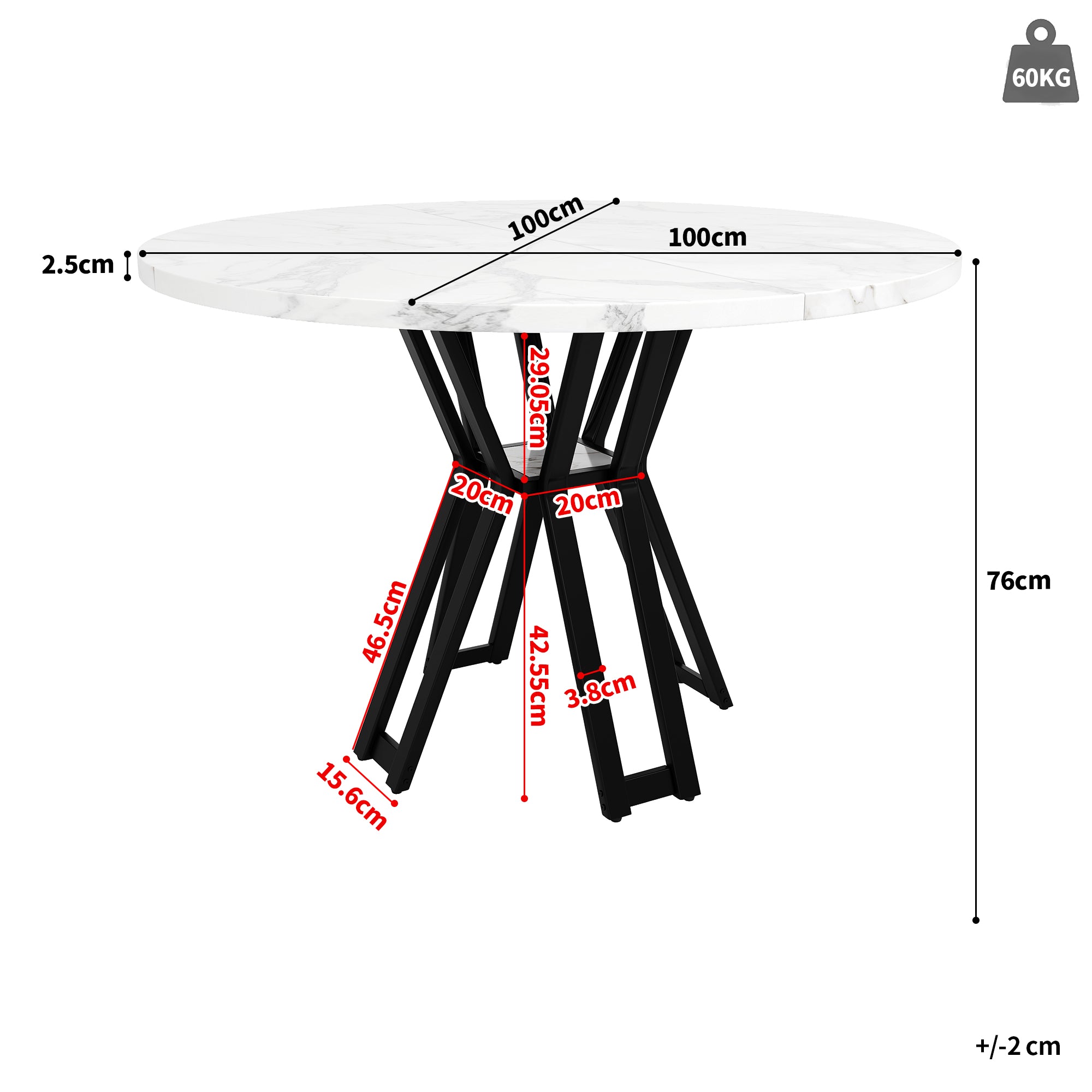 Round Dining Table, Lightweight Luxurious 4-6 Person, Black Legs Marbled MDF