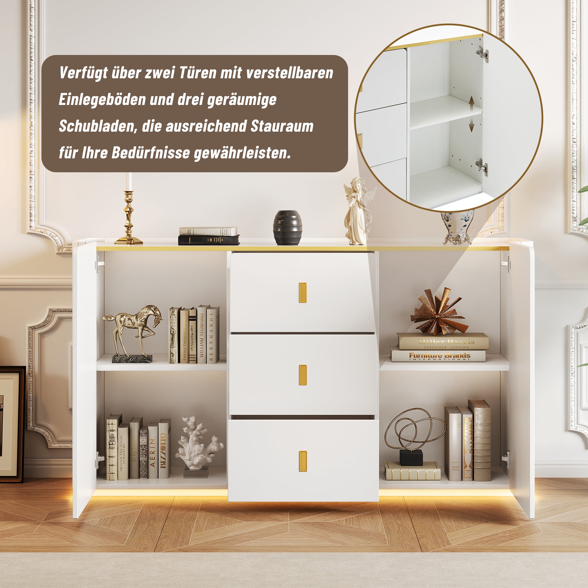 LED Sideboard, 150cm Multifunctional with 2 Doors & 2 Drawers