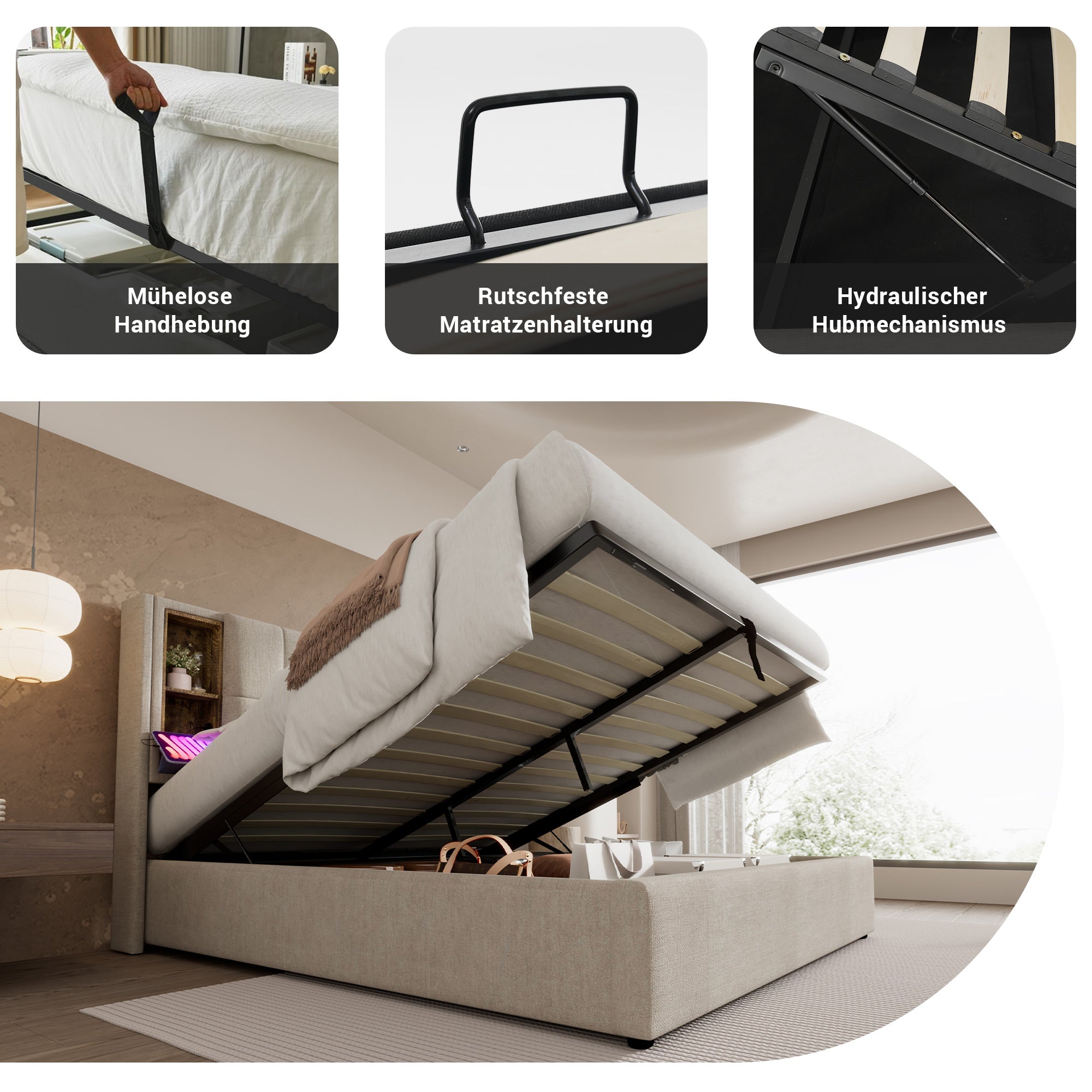 Double Bed, Wireless Charging USB-C, Storage, Wooden Slatted Frame, Natural Linen