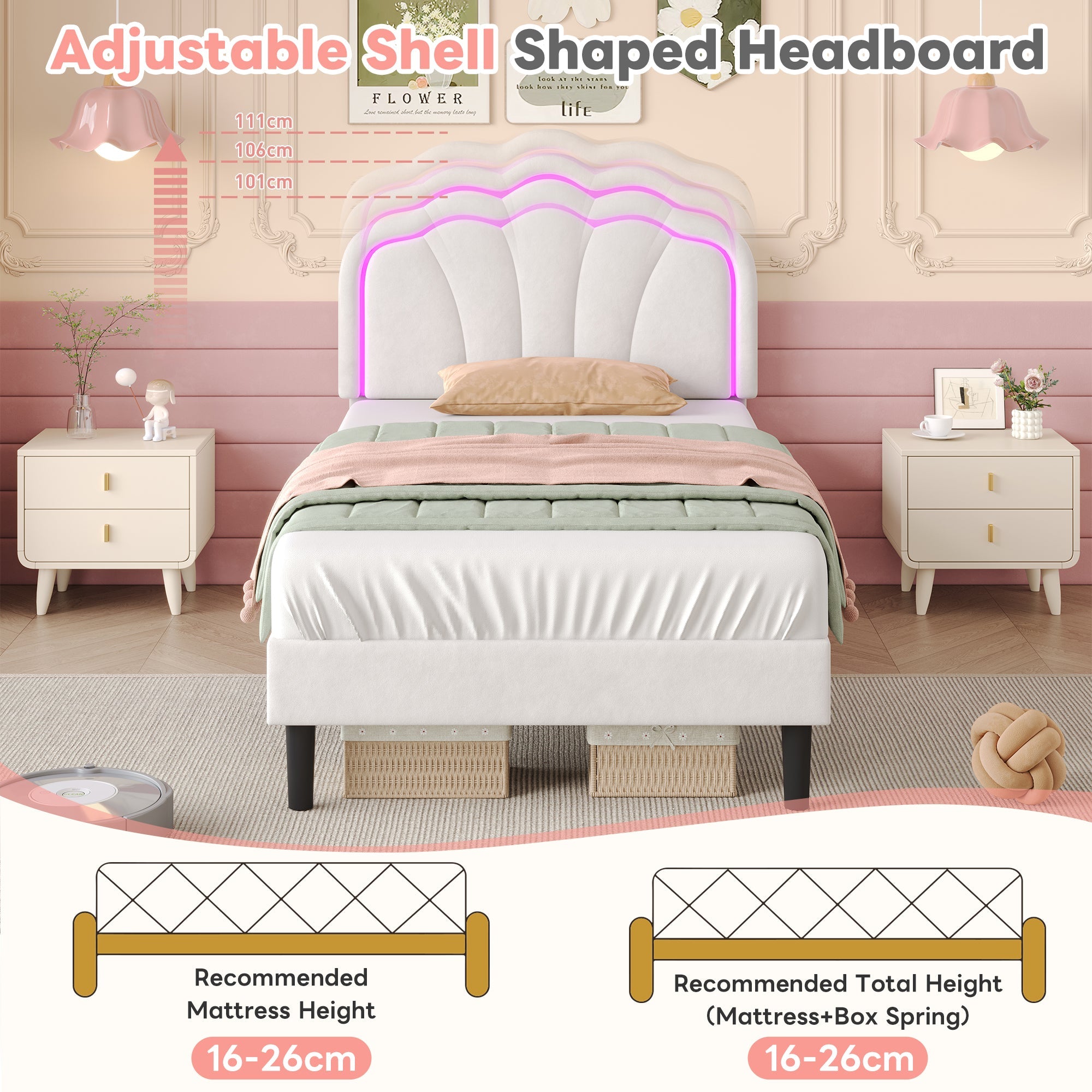 3ft Single Upholstered Bed with LED Adjustable Shell Shape Headboard, Cream White Velvet