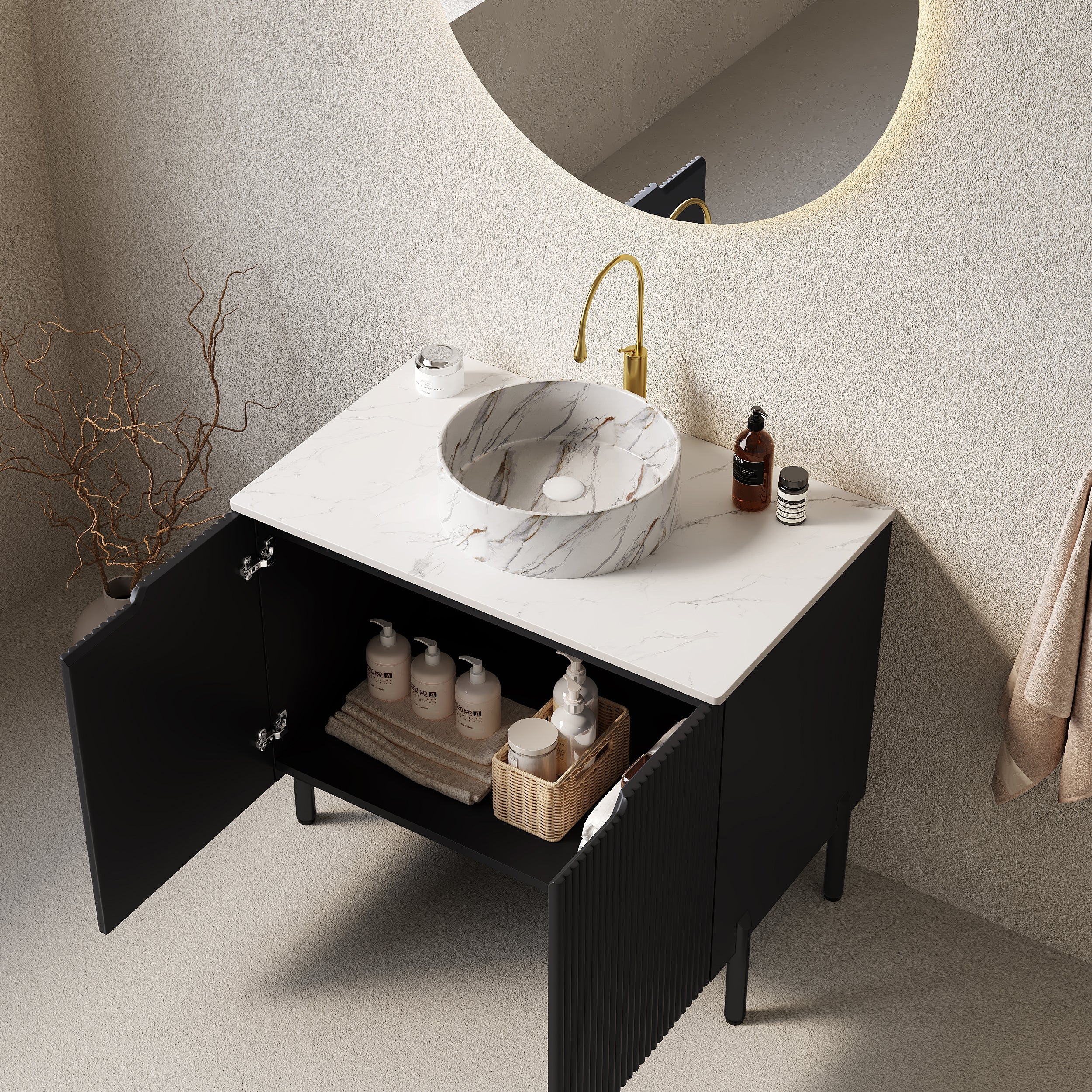 TURIO 76cm Freestanding Bathroom Vanity Unit with White Ceramic Basin and Double Doors, Black Finish