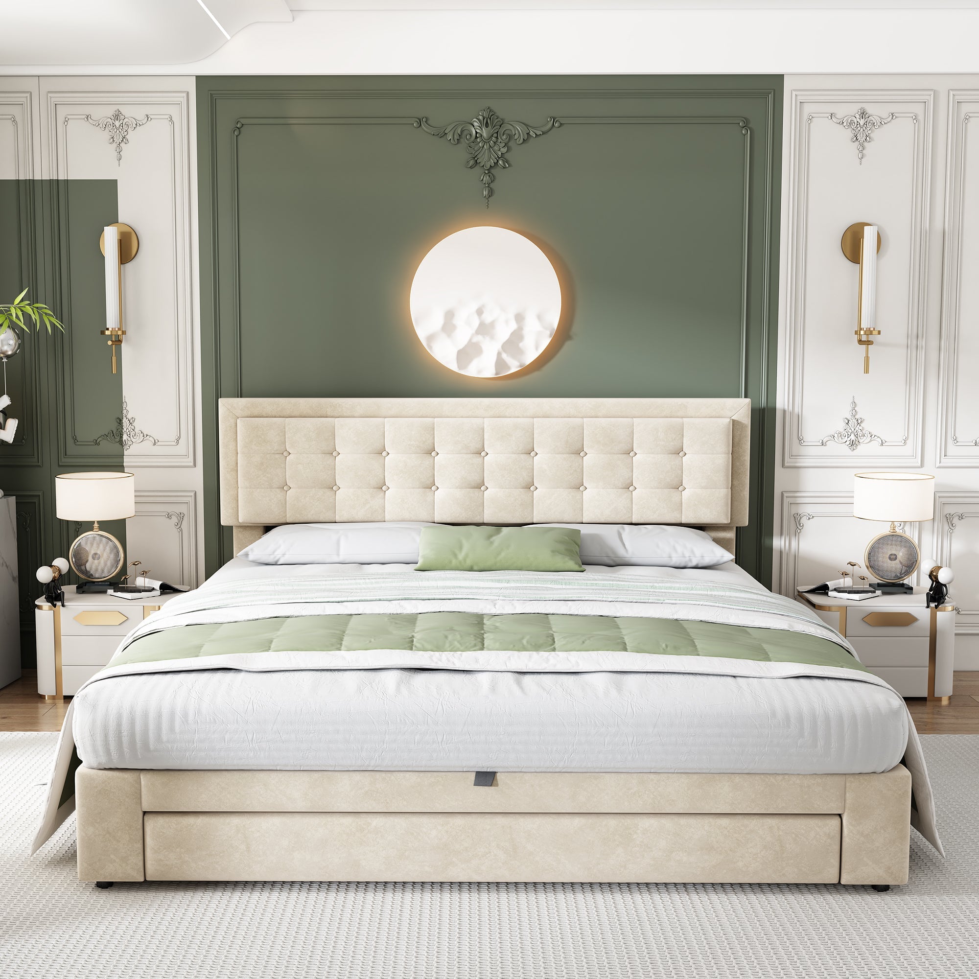 Upholstered Bed, King Size 150x200cm with Large Storage, Slats and Headboard, Velvet Fabric, Cream