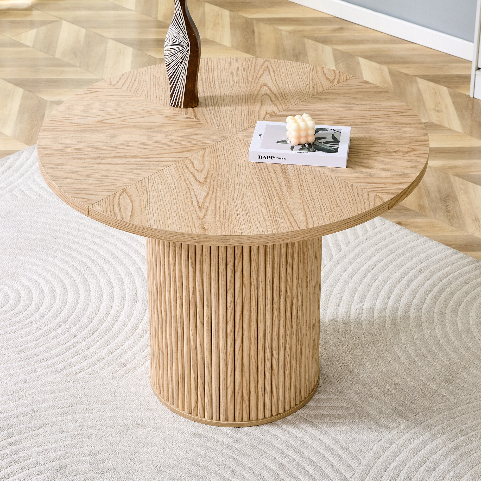 Round Dining Table 100cm MDF Storage 4-6 Seater - Light Wood Look