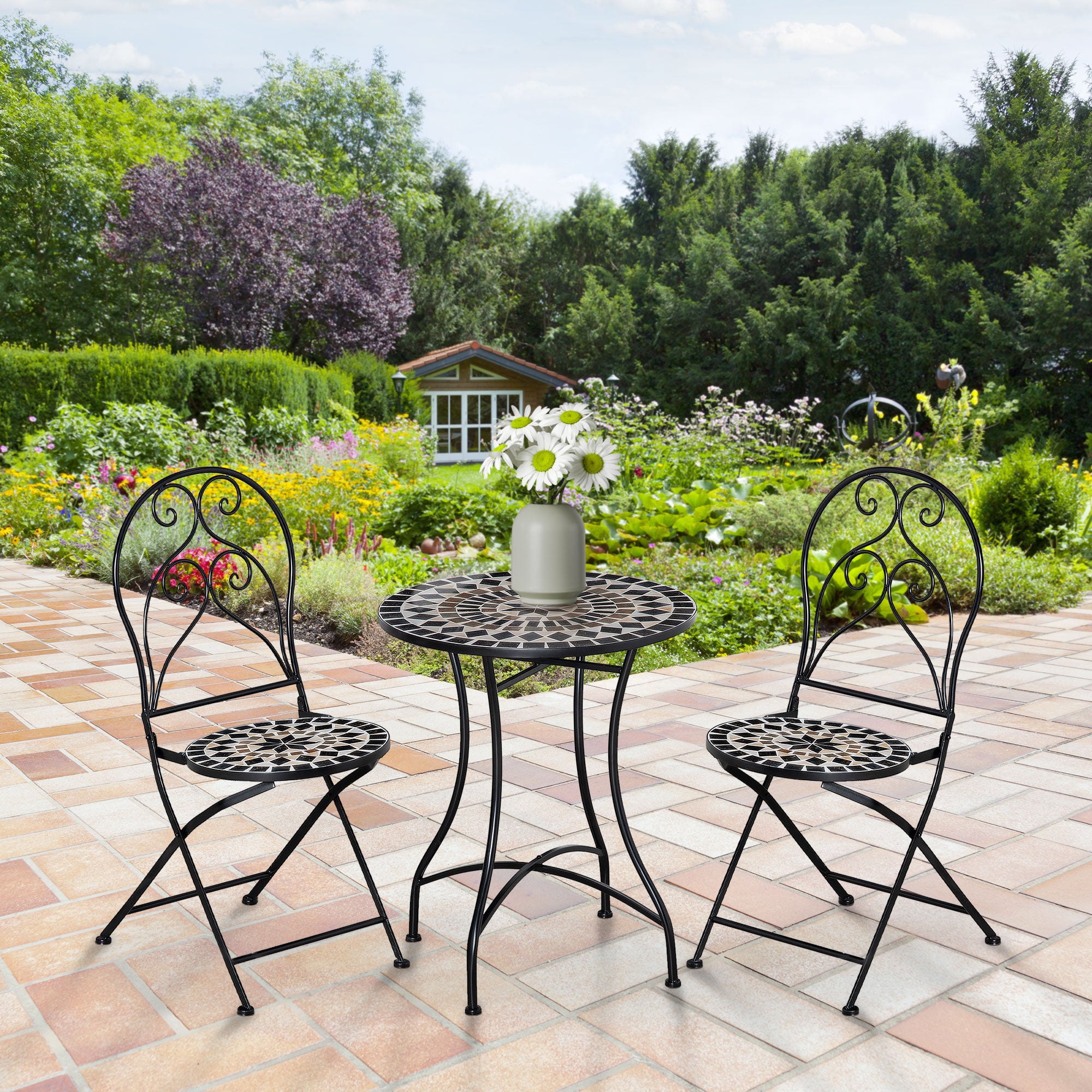 3 Piece Garden Bistro Set, Mosaic Tile Top, 2 Folding Chairs, Metal Frame, Black