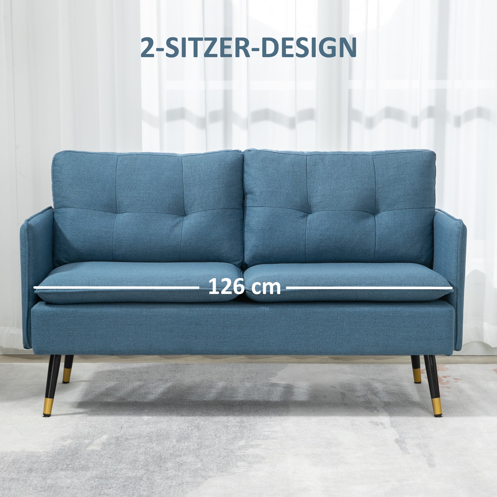 2-seater Sofa, Thick Cushion Upholstered with Steel Legs, Dark Blue