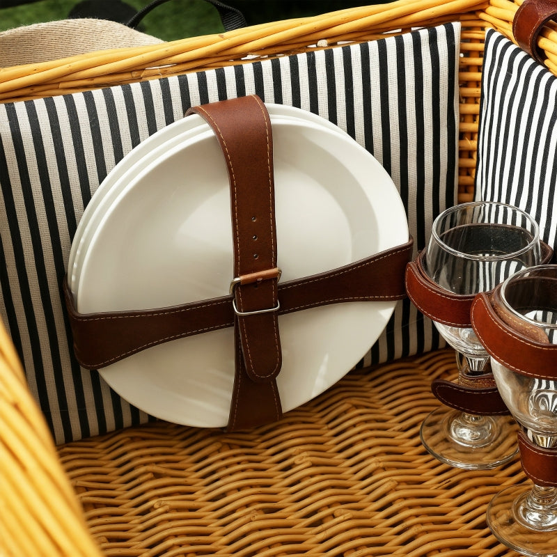 Picnic Basket for 4 with Blanket & Cutlery Set, Wicker Light Brown