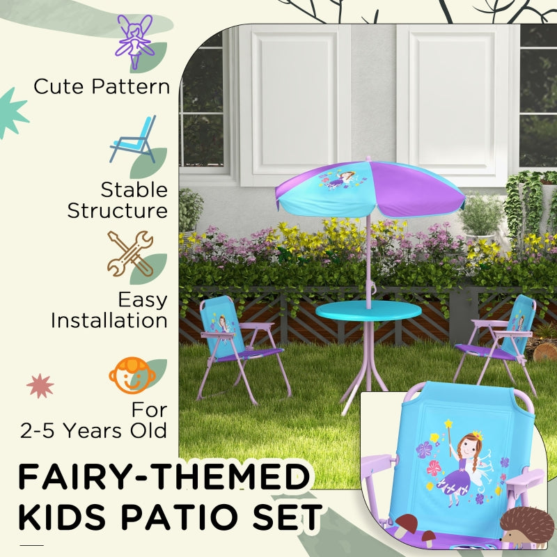 Kids Picnic Table and Chair Set, Fairy Themed w/ Foldable Chairs & Adjustable Parasol, Blue Steel