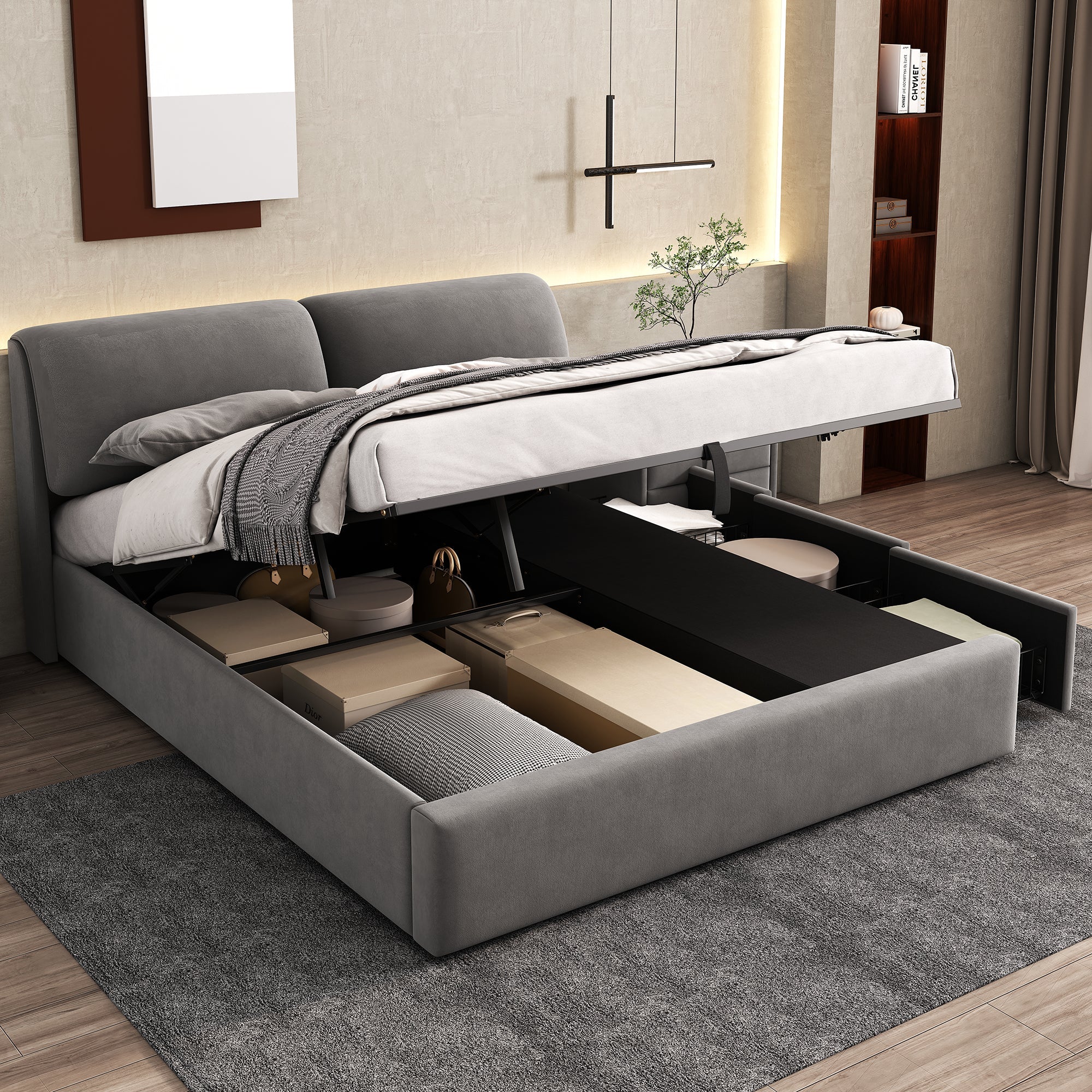Upholstered Bed, King Size 5ft (150x200cm) with Hydraulic Lift, 3 Drawers & Storage Box, Velvet Grey