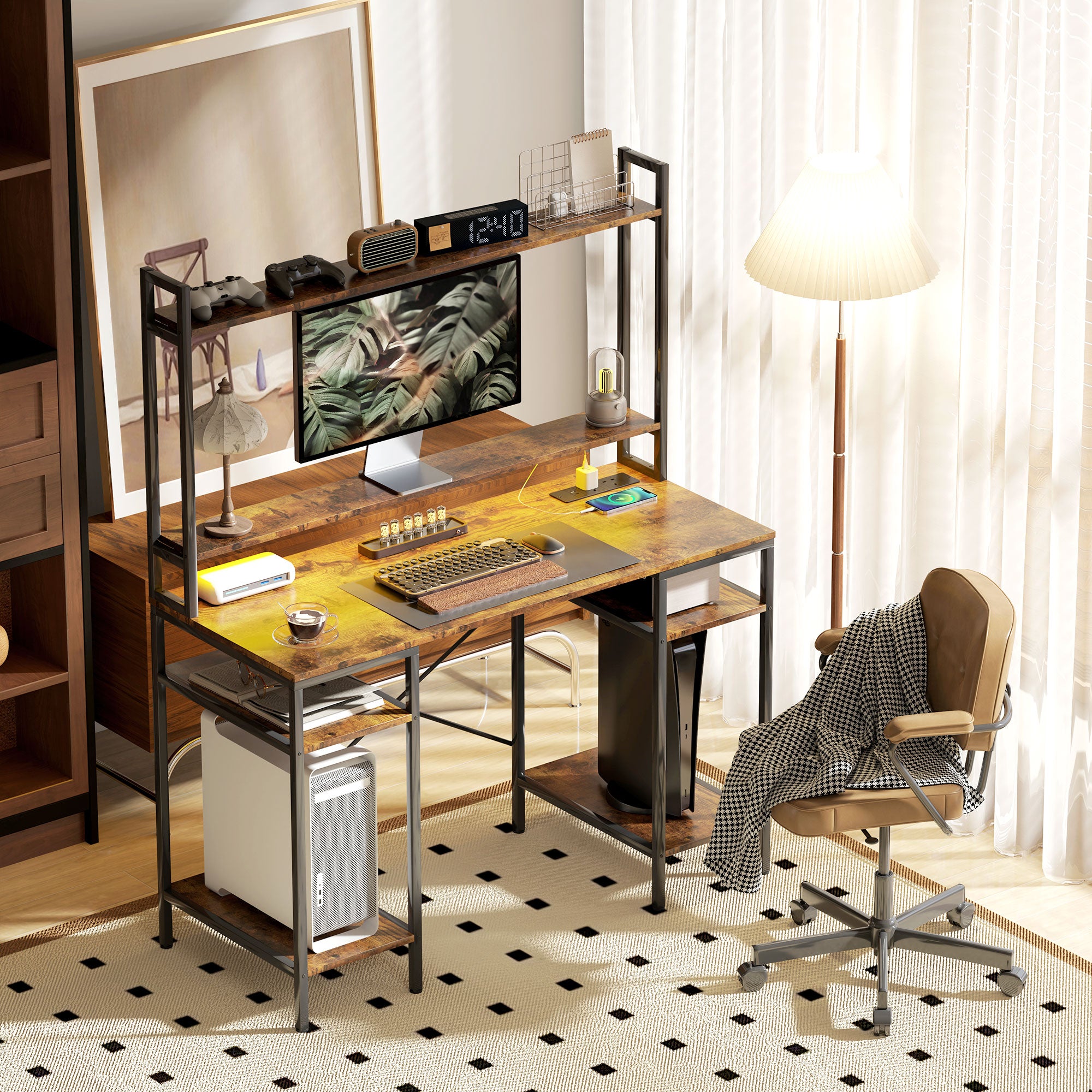 Computer Desk with Power Outlets, LED Lights, Hutch, Storage Shelves, Rustic Brown