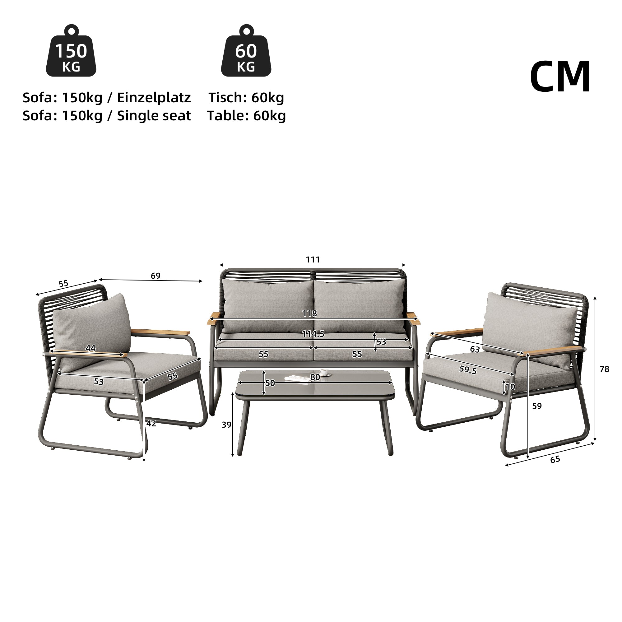 Garden lounge set sofa-table set for 4 with galvanized iron frame, tempered glass top, adjustable legs, grey