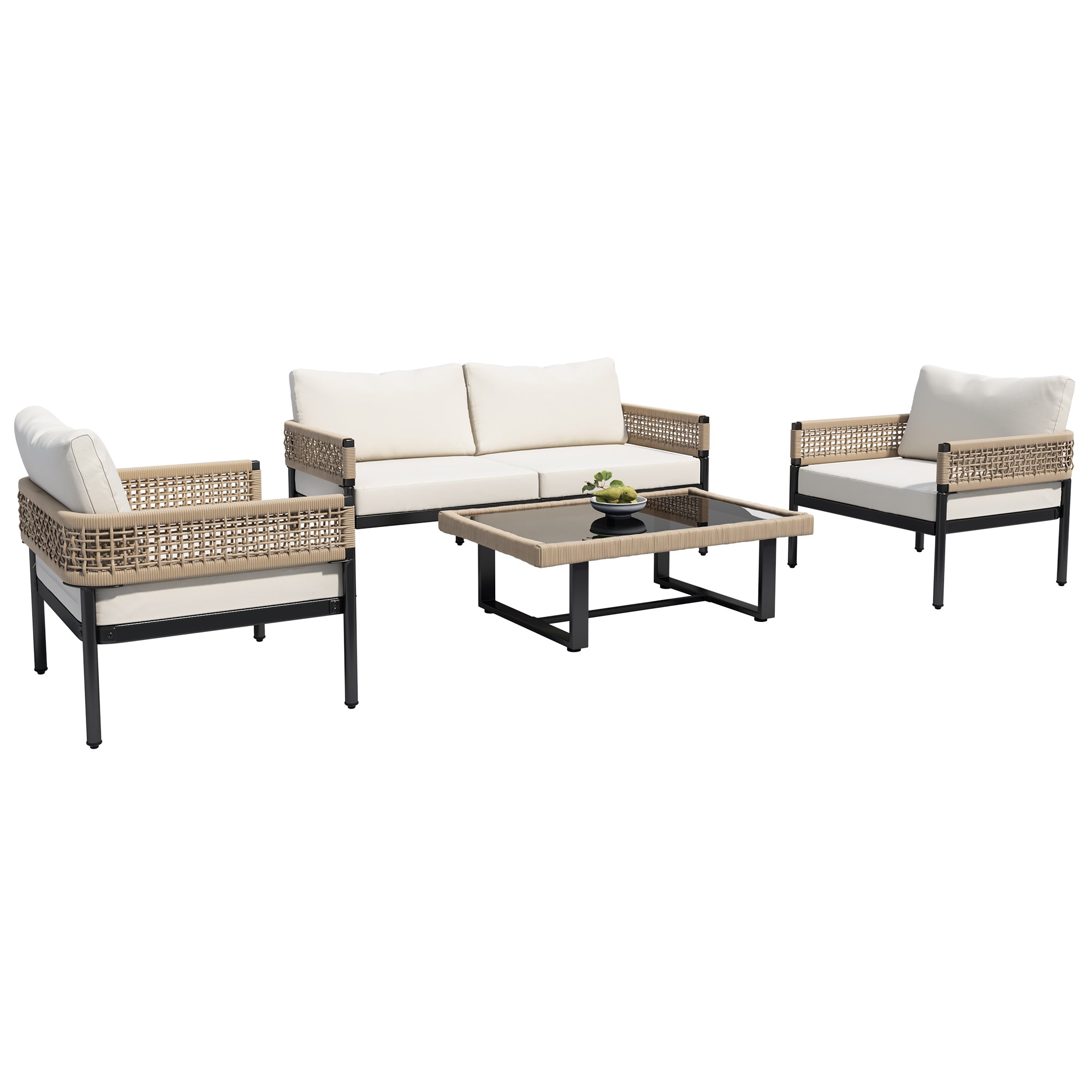 Garden Lounge Set 4-Piece Rope Set Galvanized Frame Glass Top with Cushions - Beige