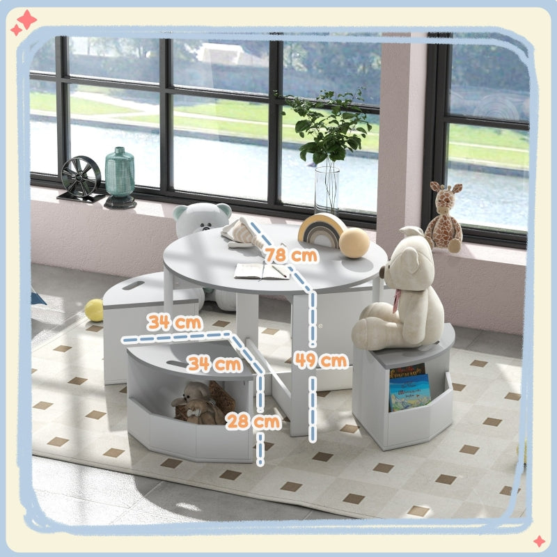 Five-Piece Kids Table and Chairs Set Storage Ages 3-8 Years, Grey