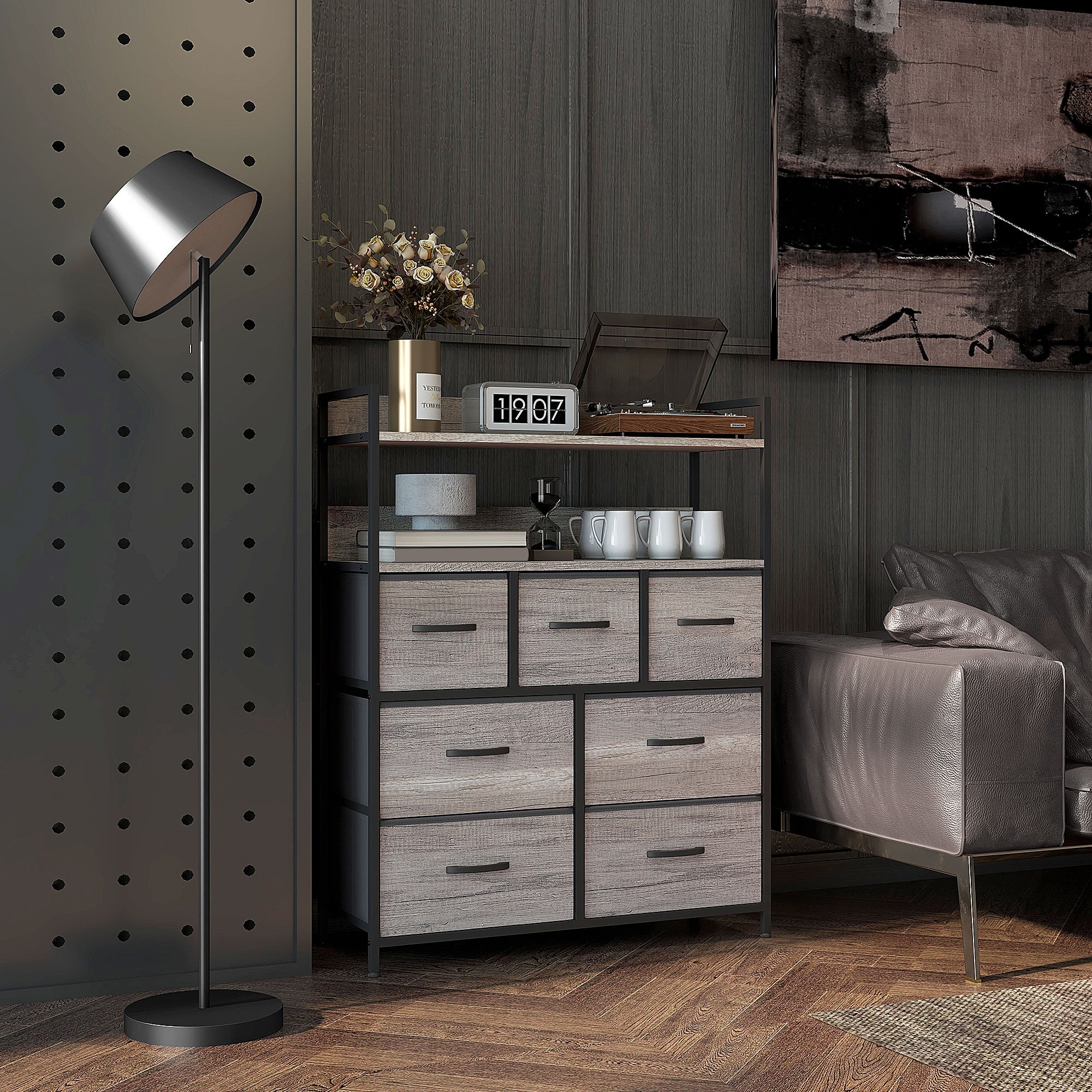 Rustic Chest Seven Fabric Drawers Grey Wood Effect