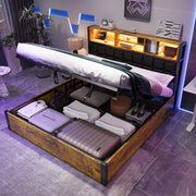 Hydraulic Bed with Charging Port, LED Light & Storage, 4ft6 Double, Black + Wood