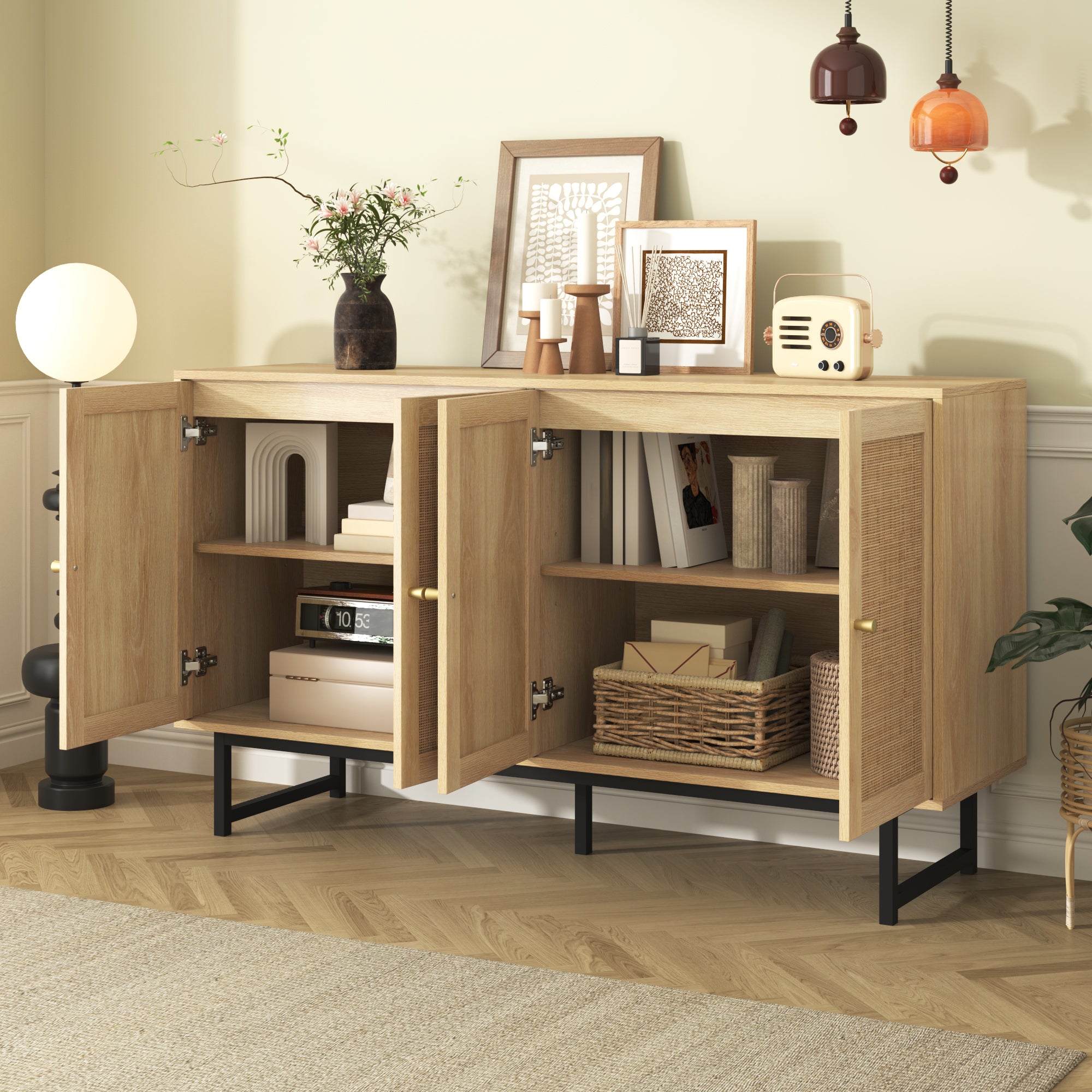 Sideboard with Real Rattan Weave, 4 Doors, 140x39.5x80 cm
