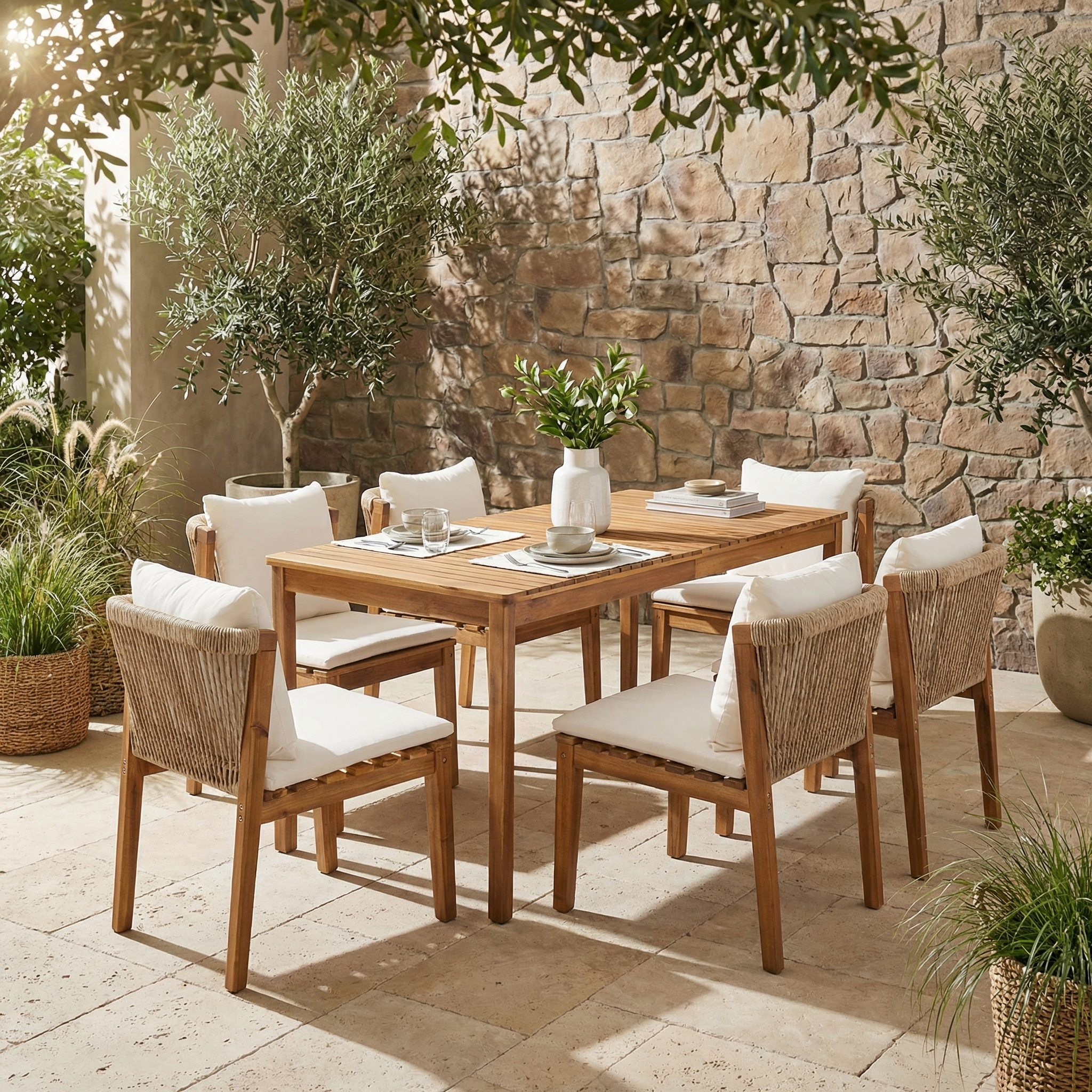 Garden Dining Set with 1 Table and 6 Chairs, Solid Wood and Beige