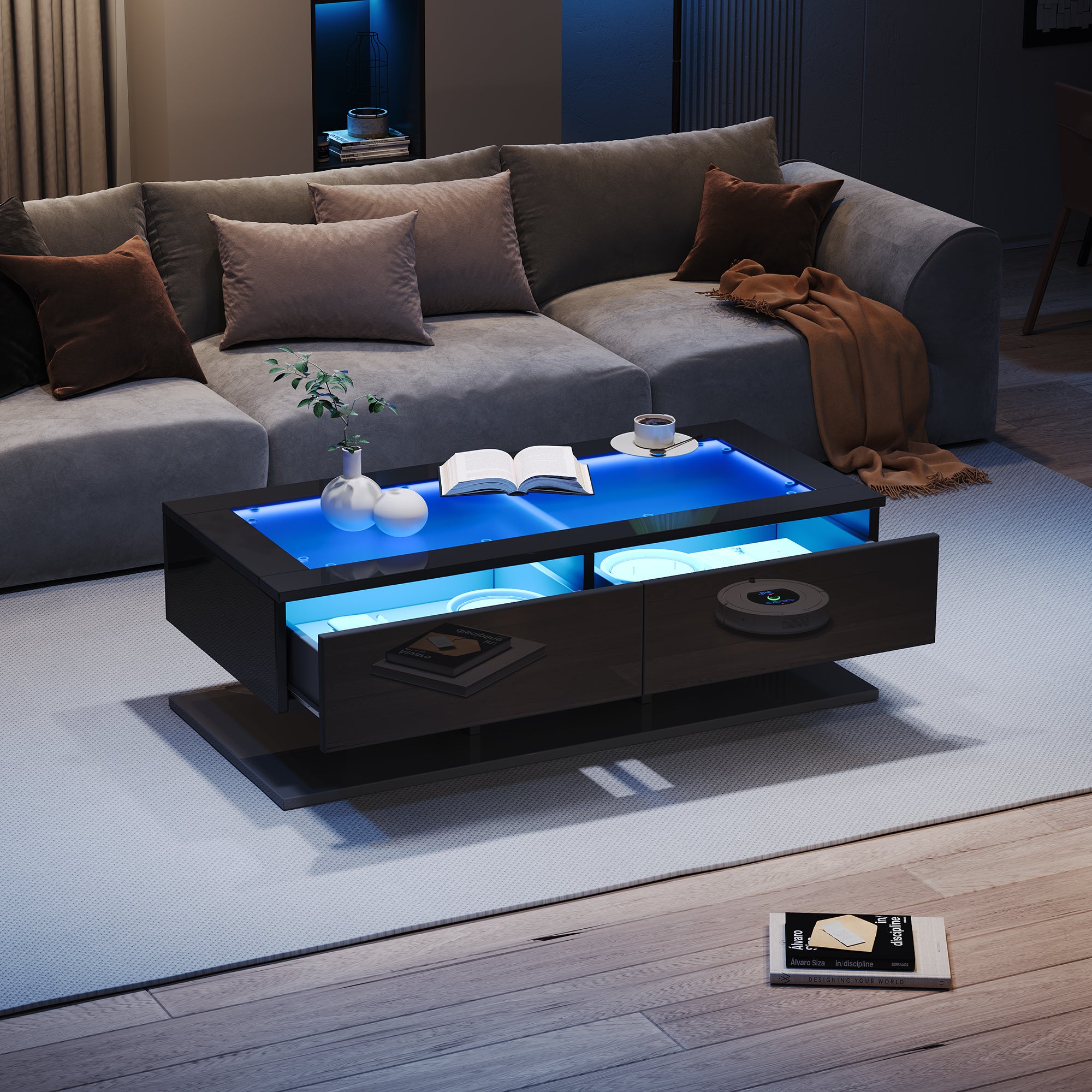 Coffee Table with Drawers, LED Light, Glass Top, Black