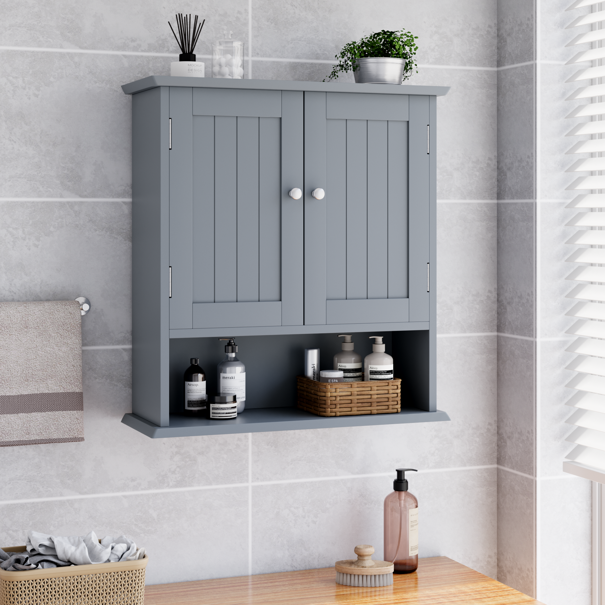 Bathroom Wall Cabinet with 2 Doors and Open Shelves