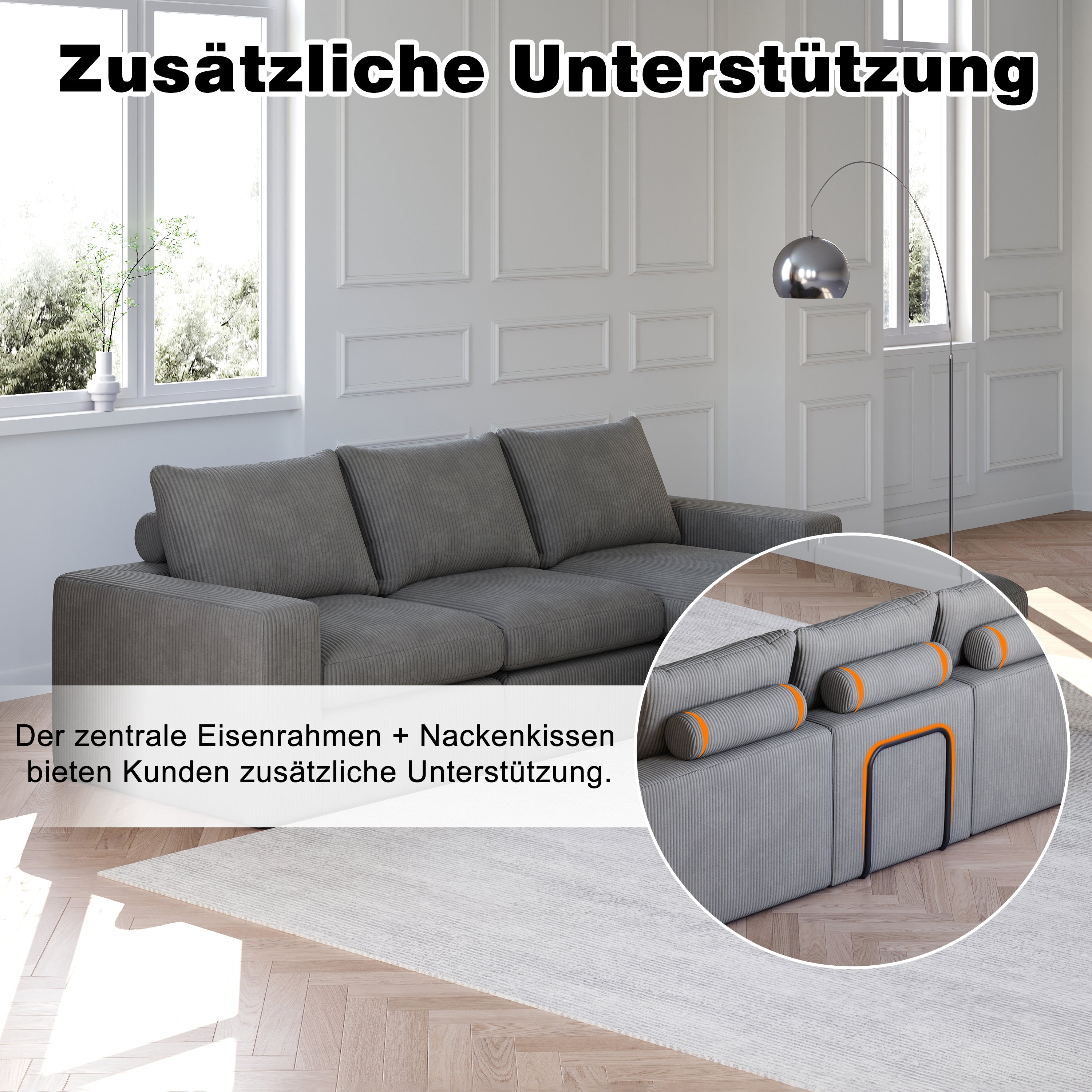 Boneless Couch with Chaise, L-shaped Modern Upholstered Corduroy