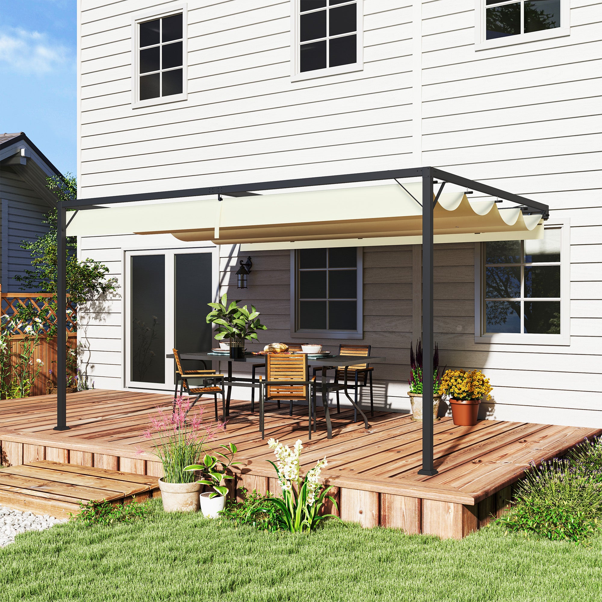 Pergola, 4 x 3 m Retractable Sliding Canopy, Cream
