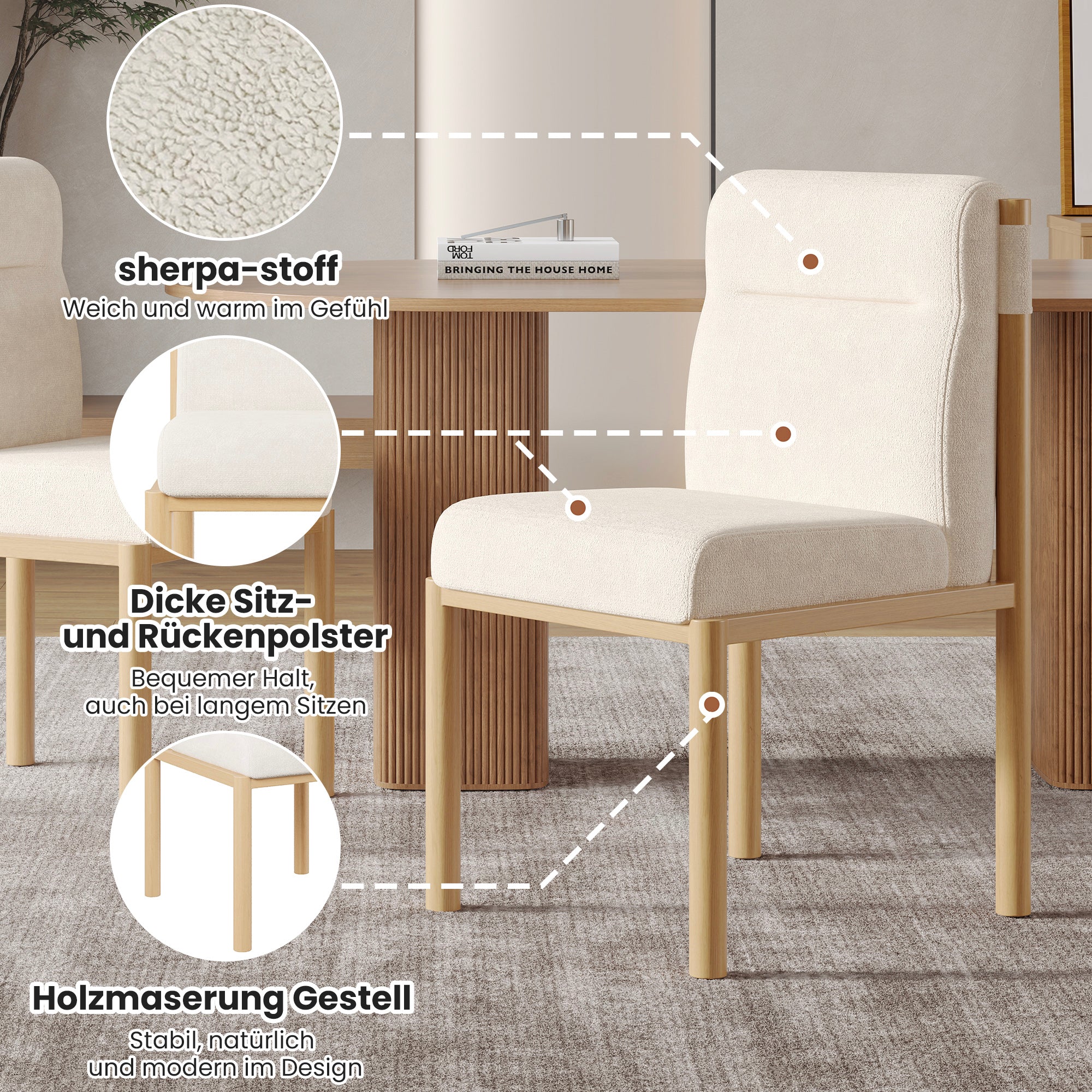 Dining Chairs, Set of 2 Modern Oak Effect Frame, Sherpa Fabric Beige