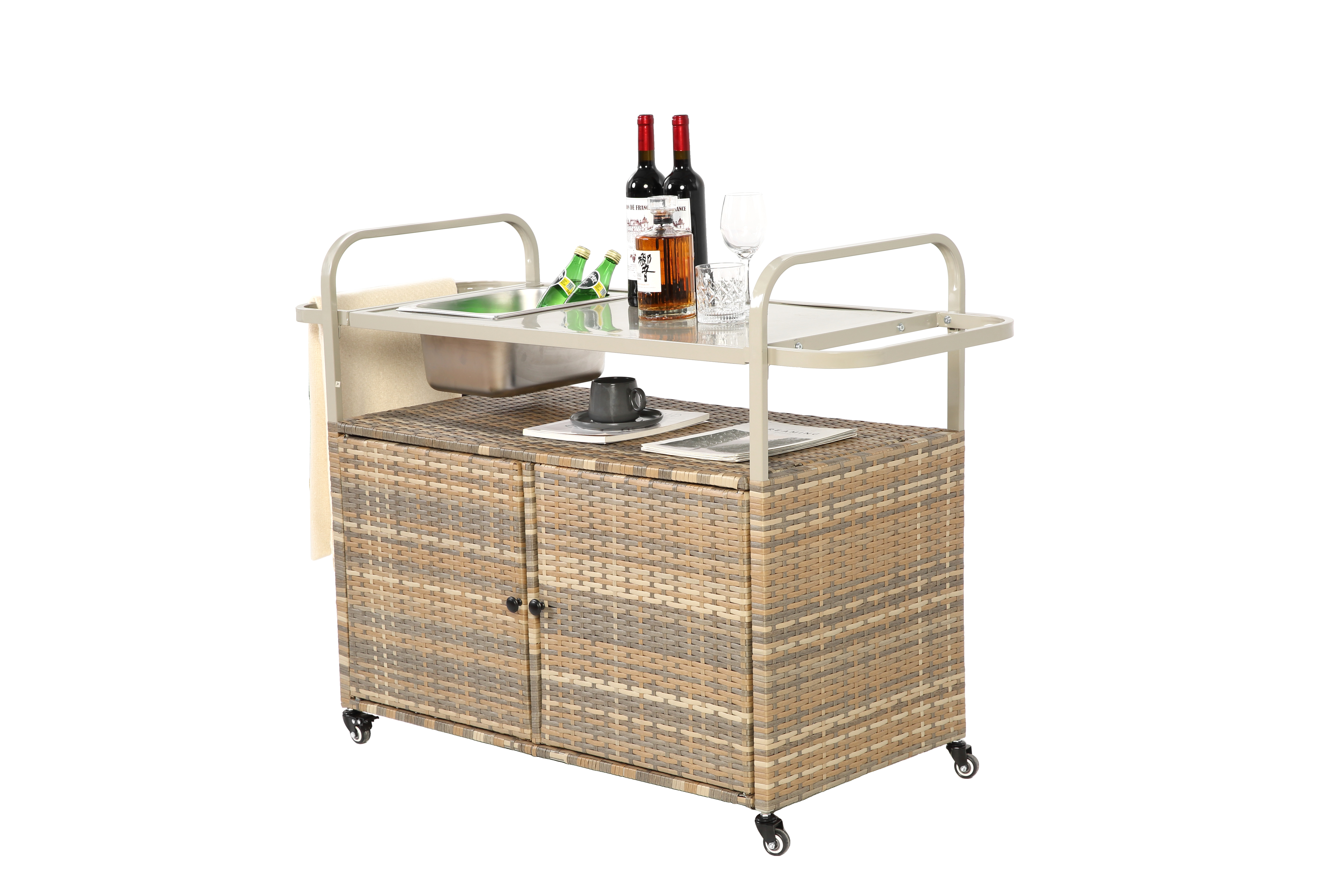 Outdoor Bar Table, Wicker Bar Cart with Cabinet, Steel Top, Ice Bucket, Lockable Wheels, Beige