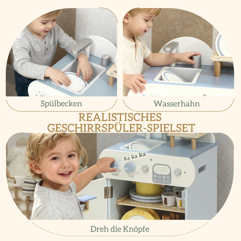Children's Dishwashing Set with Wooden Dishwasher and 32 Accessories, MDF, Light Blue