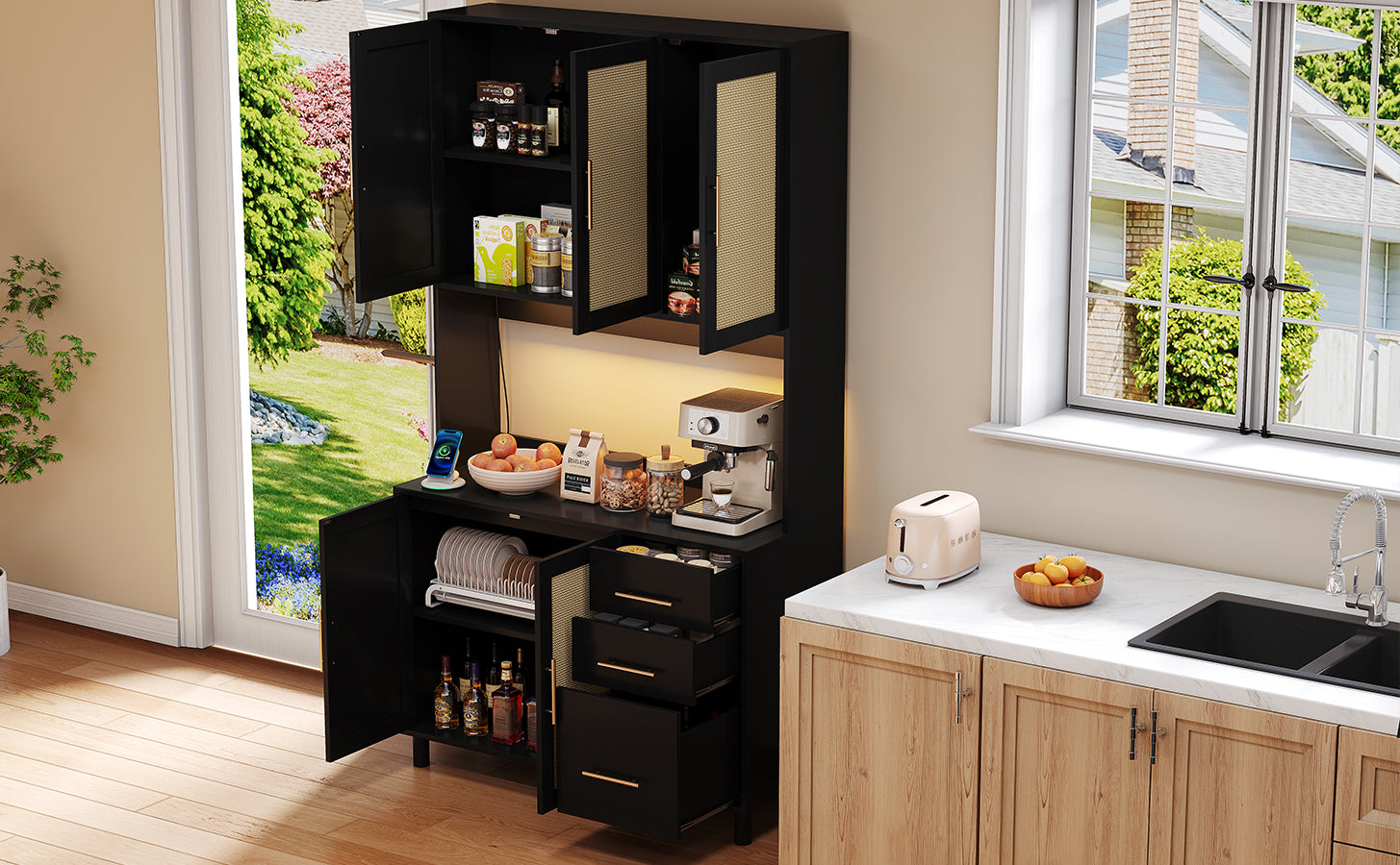 Kitchen Sideboard Buffet 183cm with App LED Lights Power Outlets Shelves & 3 Drawers - Gold Handles