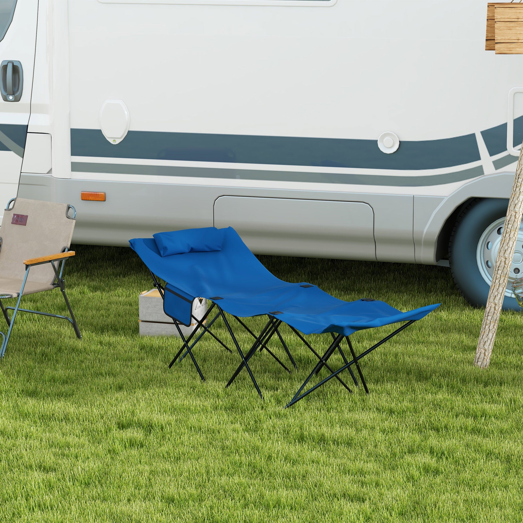 Camping Bed Single Folding Cot w/ Side Pocket, Headrest, Oxford Seat Dark Blue