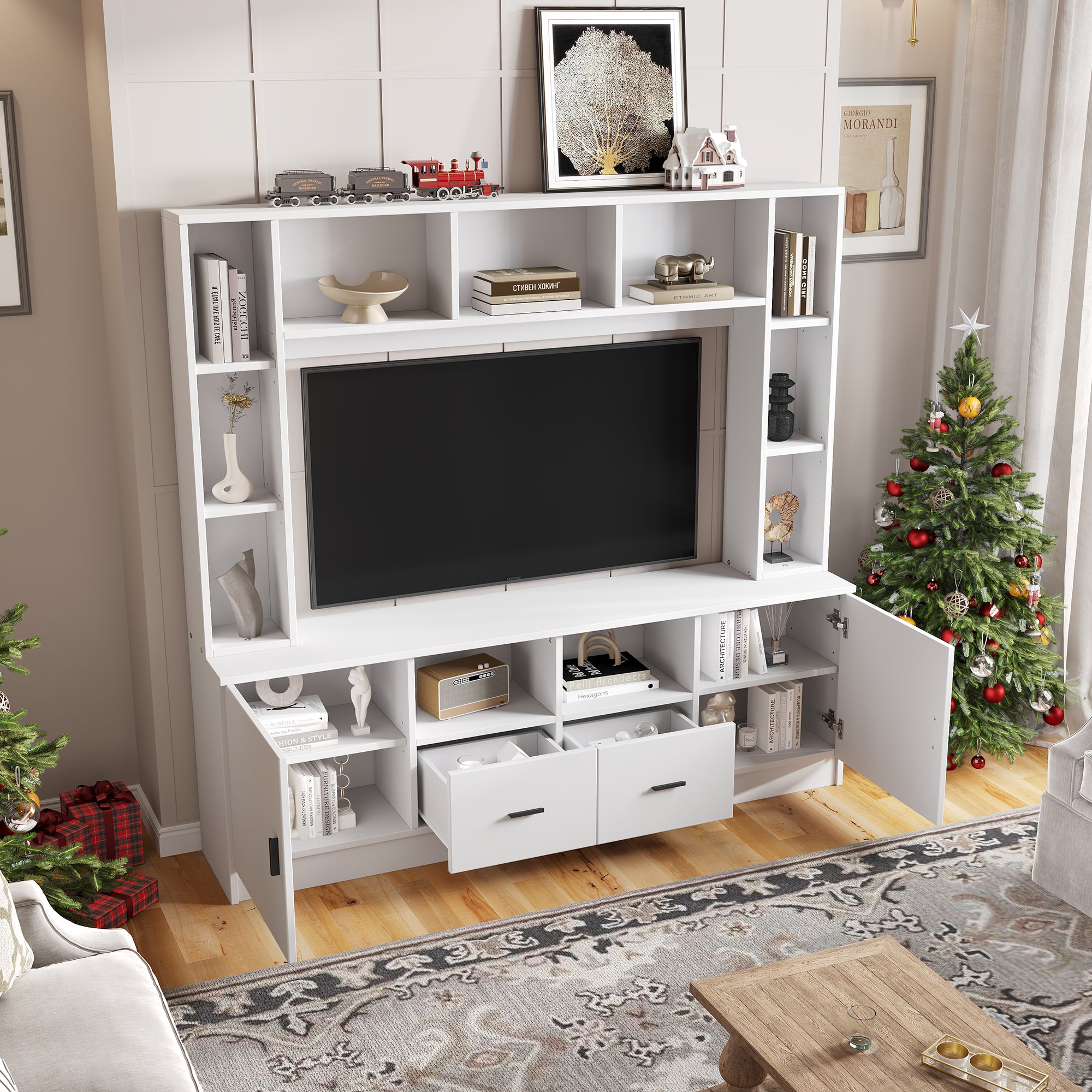 TV Wall Unit Set with Display Cabinet, Media Stand, Shelf, 2 Cabinets, 2 Drawers, for up to 60" TV, White