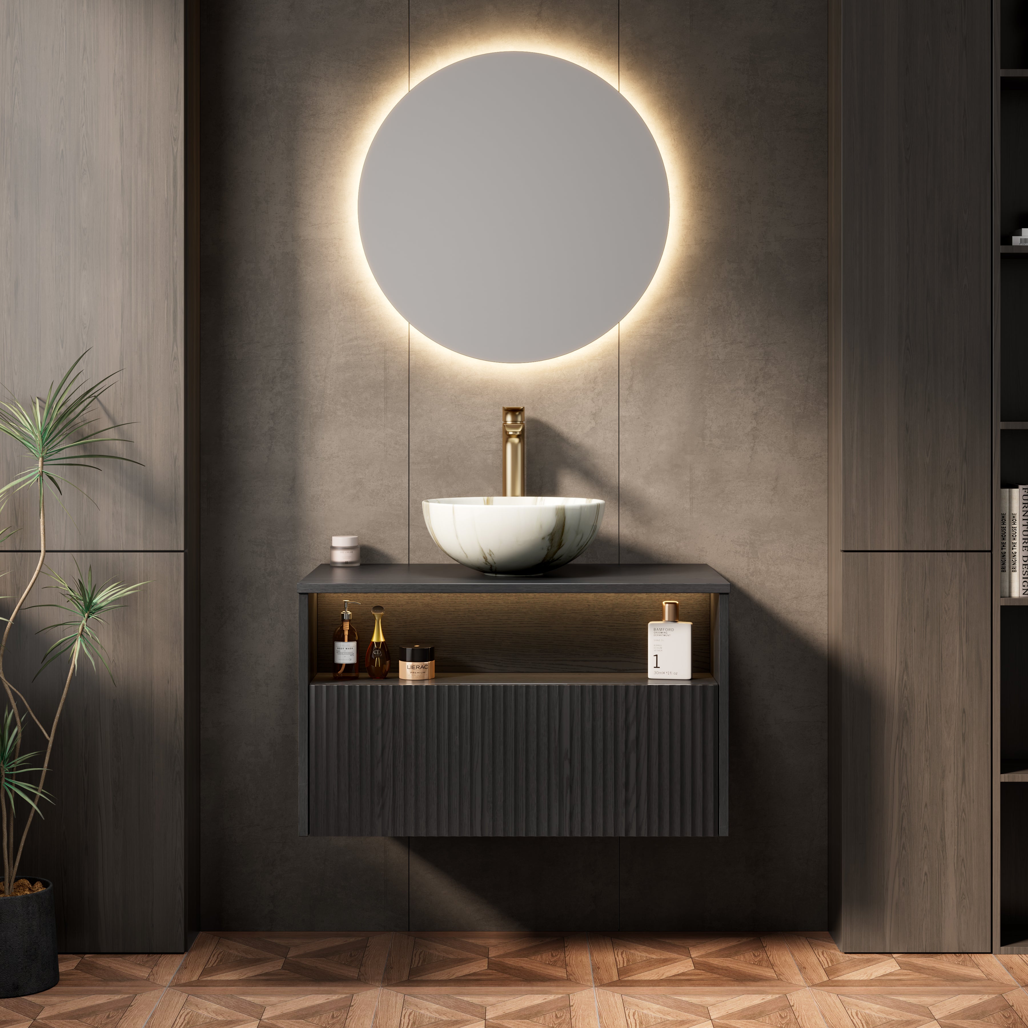 Floating Bathroom Vanity with Ceramic Basin and Sensor Light, 80cm Plywood, Black