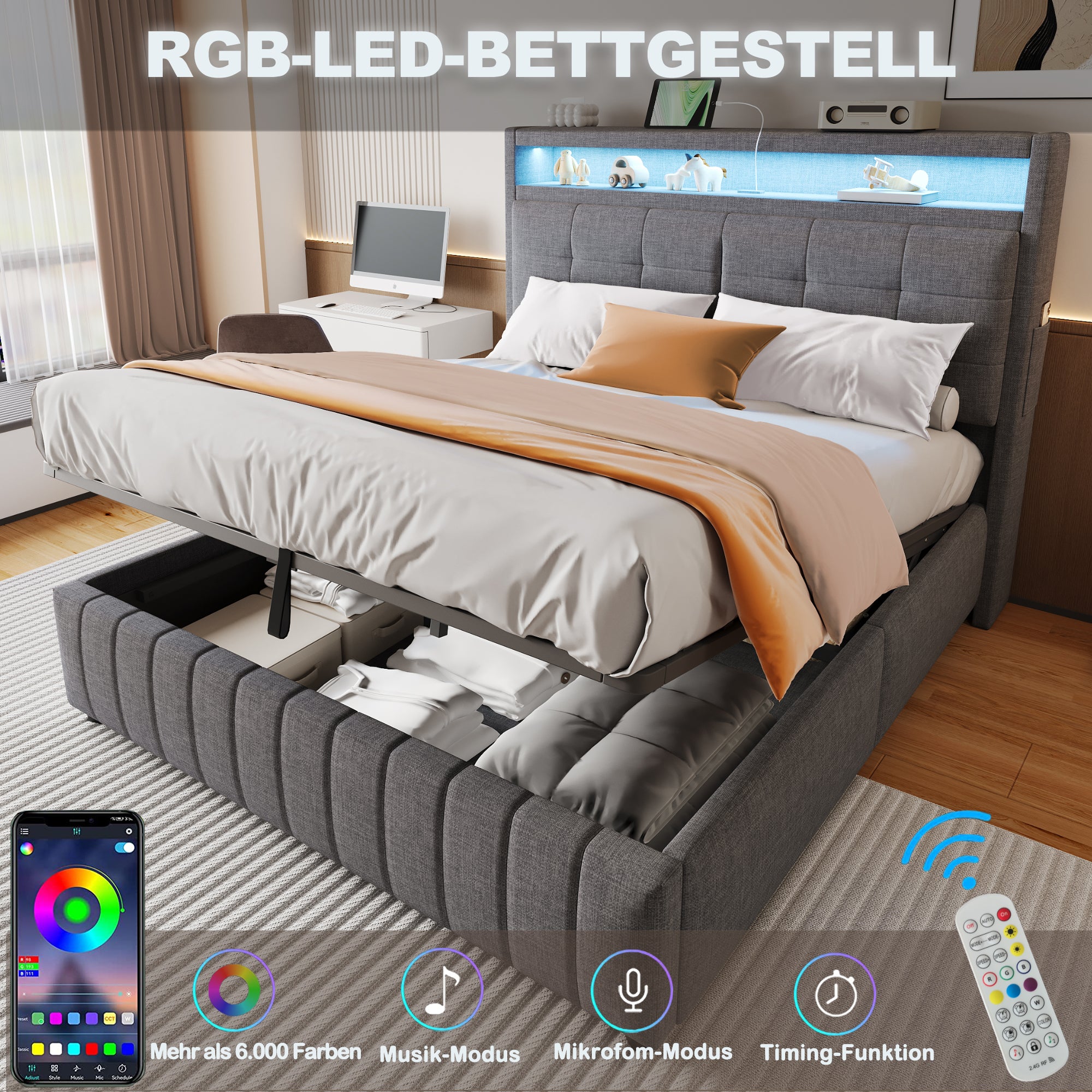 Upholstered Bed 160x200 cm, LED Lighting, USB Socket, Hydraulic Storage, Gray Linen