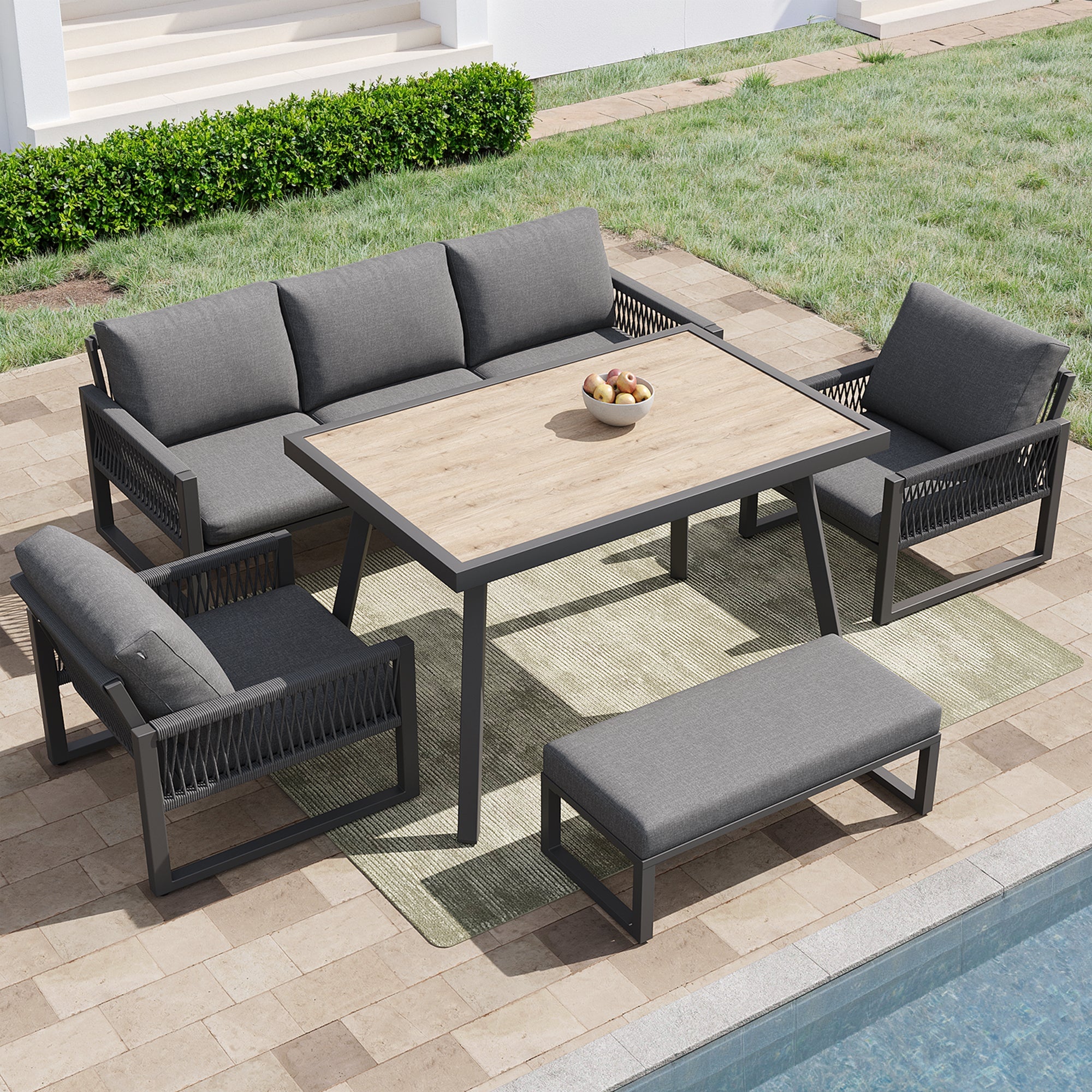6-7 Seater Garden Lounge Set with Dining Table and Weatherproof Cushions, Gray