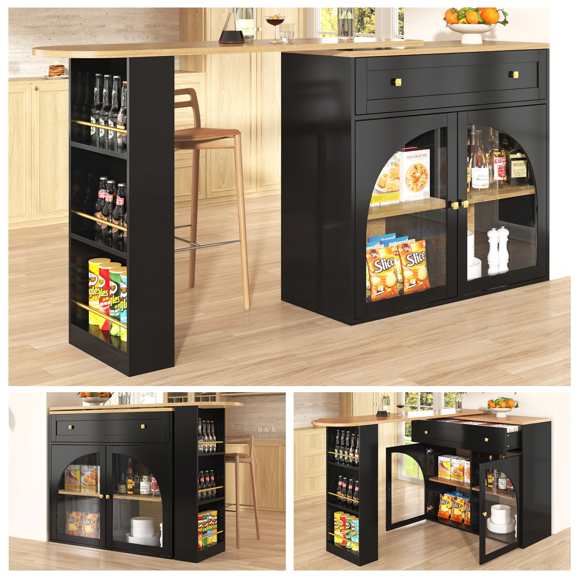 Extendable Bar Table 360° Rotating Storage Shelves Glass - Black