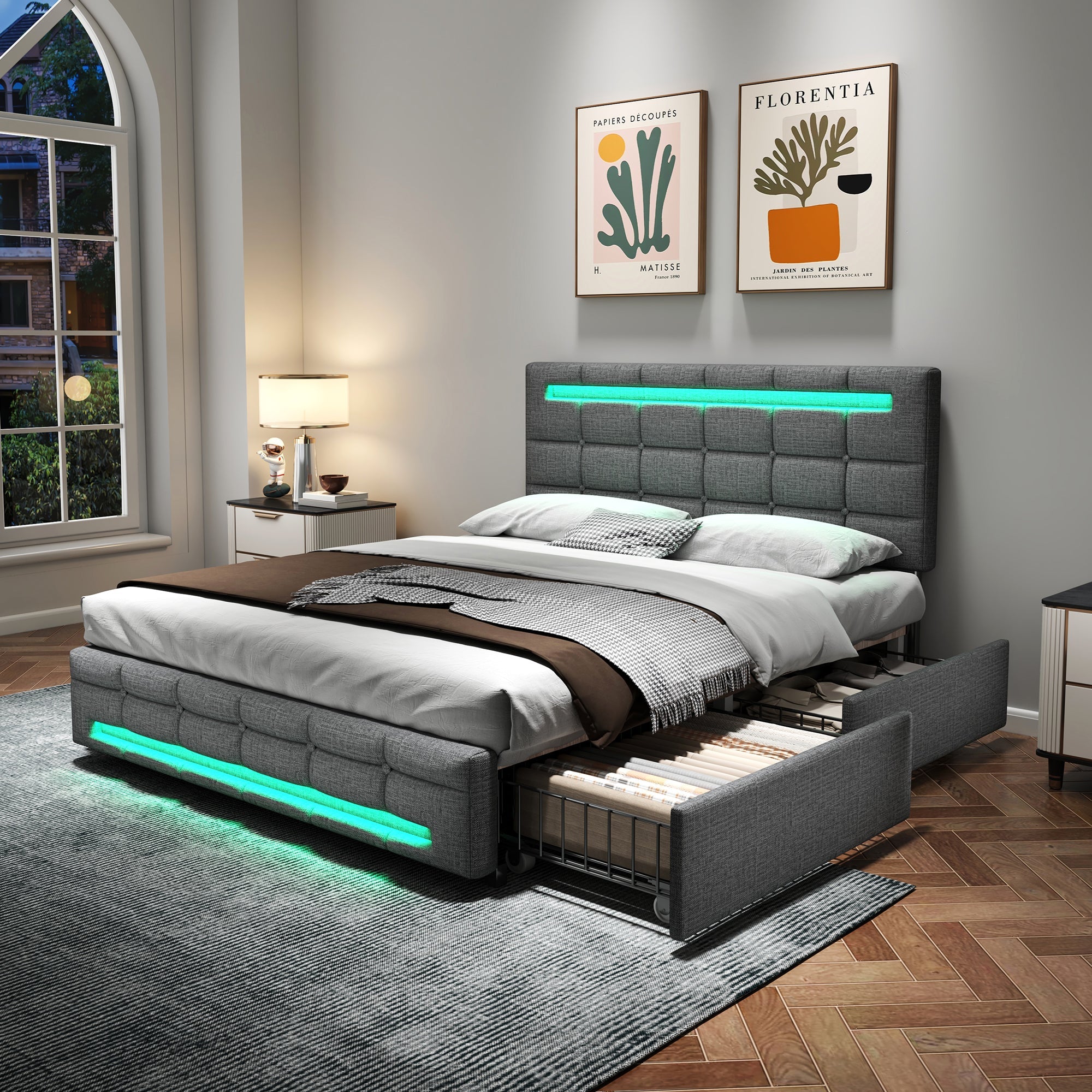 4ft6 Double Upholstered Bed with LED Lighting, Storage Drawers, Adjustable Button Tufted Headboard, Linen Fabric, Grey