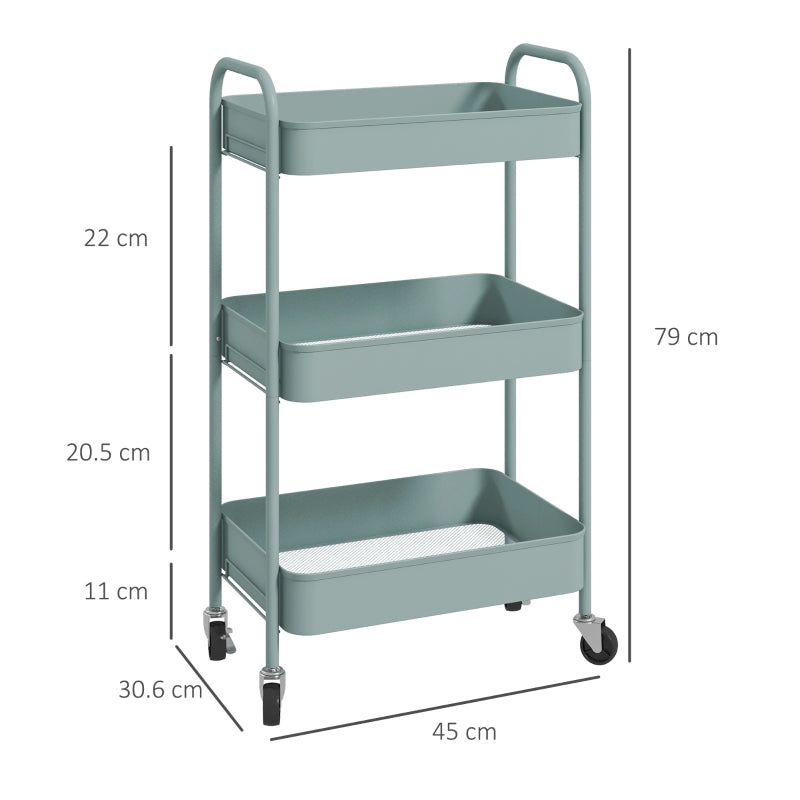 Three-Tier Storage Trolley, Multi-Purpose Rolling Cart, Steel, Light Blue