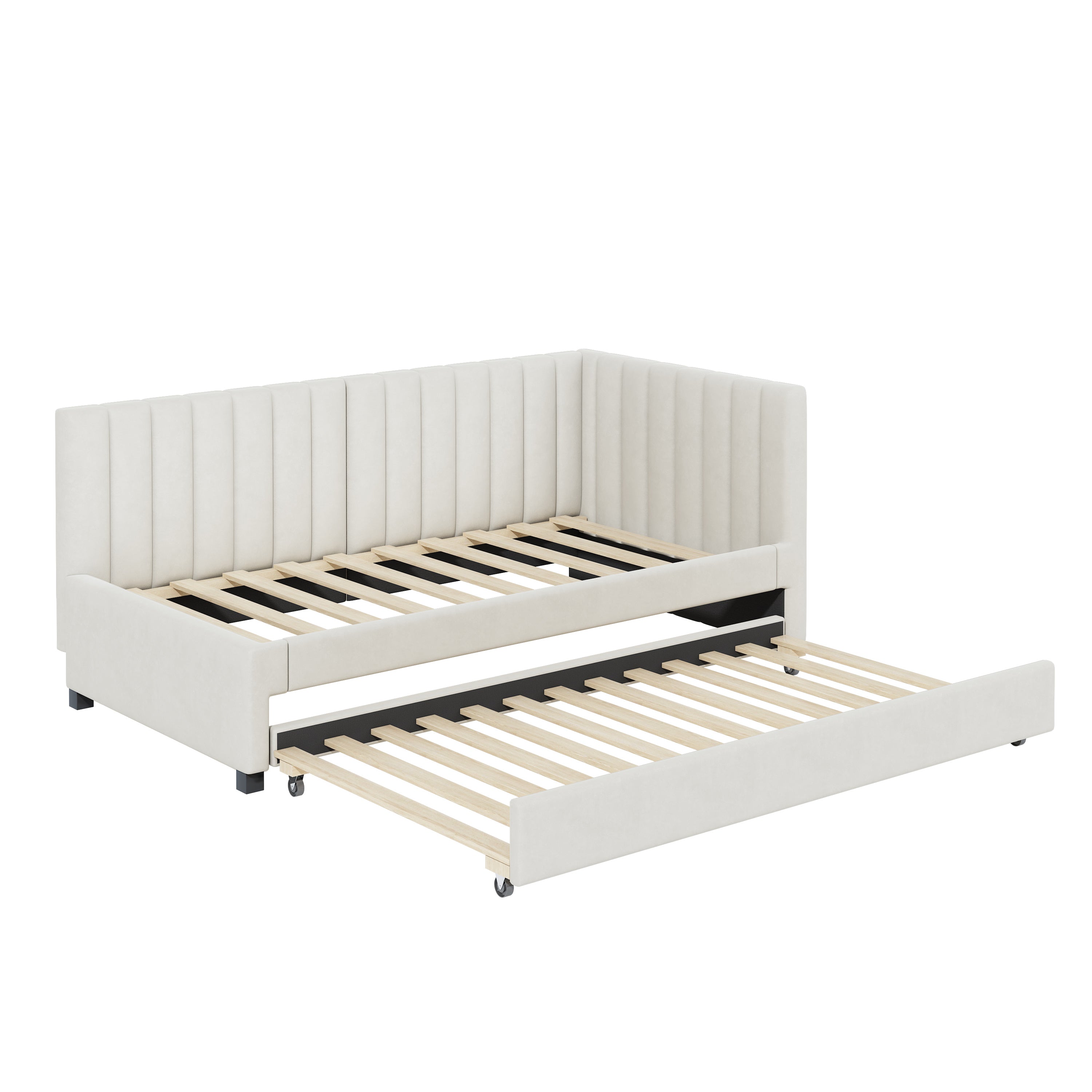 Upholstered Bed 90*200, Pull-Out Sofa Bed, Multifunctional with Slatted Frame, Velvet Fabric Beige